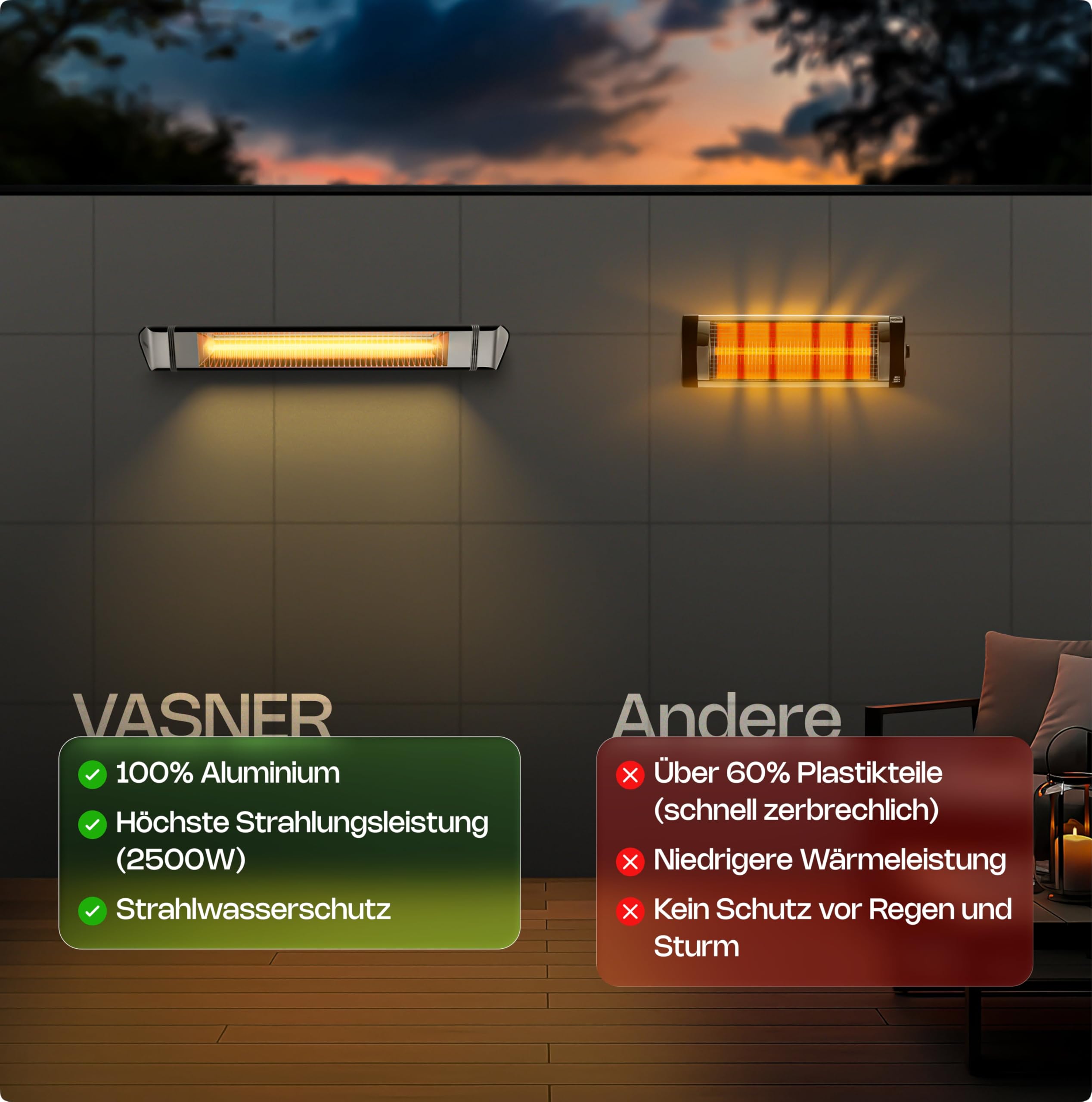 VASNER Teras 25 Basix – Elektrischer Terrassenstrahler mit 1 Heizstufe, 2500 Watt, Infrarot Heizstrahler für Outdoor, Infrarotstrahler Gastro/Terrasse, extern steuerbar (Schwarz)