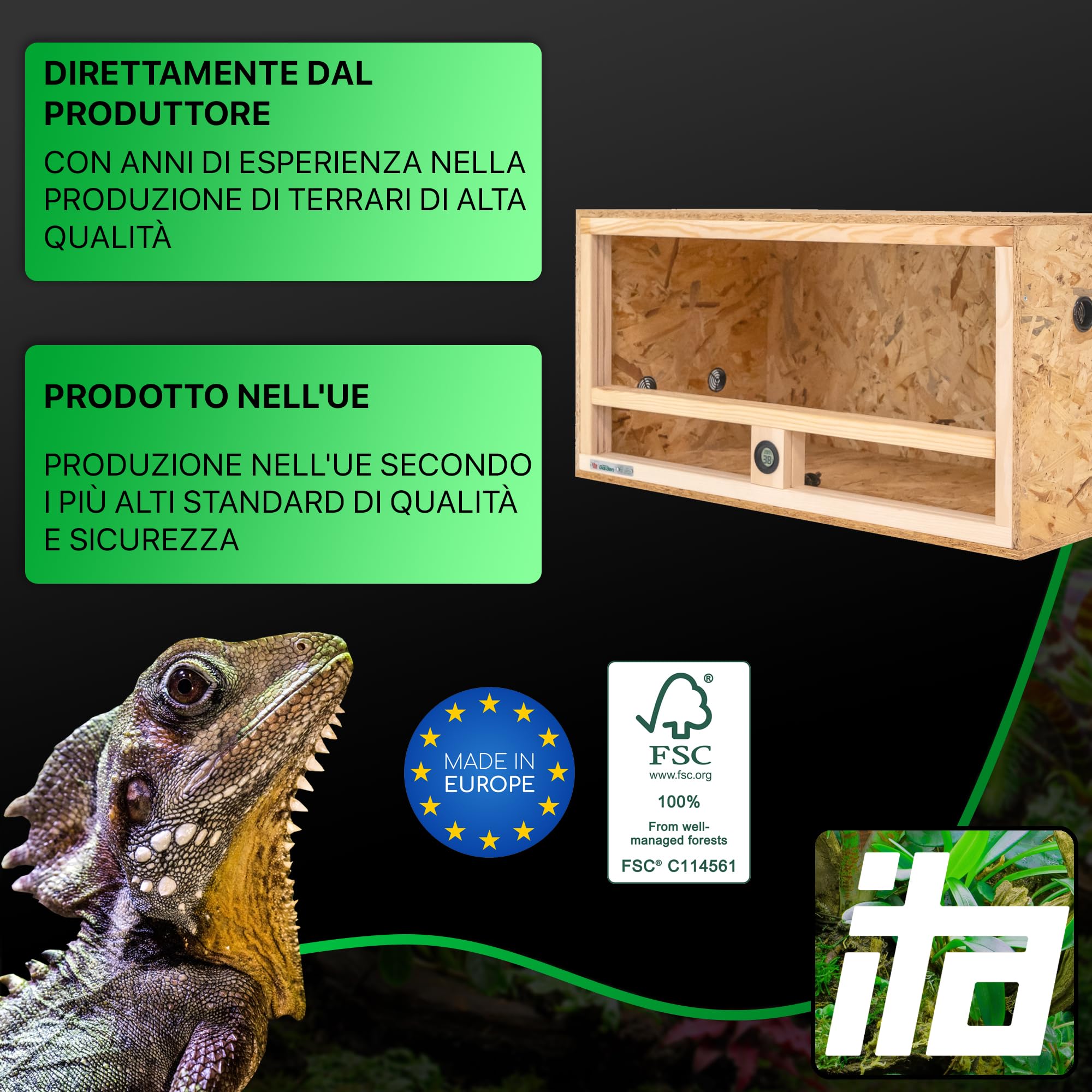 ITA Terrario in legno 80x40x40 cm con ventilazione laterale e igrometro integrato - Terrario in legno OSB-3 - Per rettili, serpenti, anfibi - Prodotto UE, certificato FSC