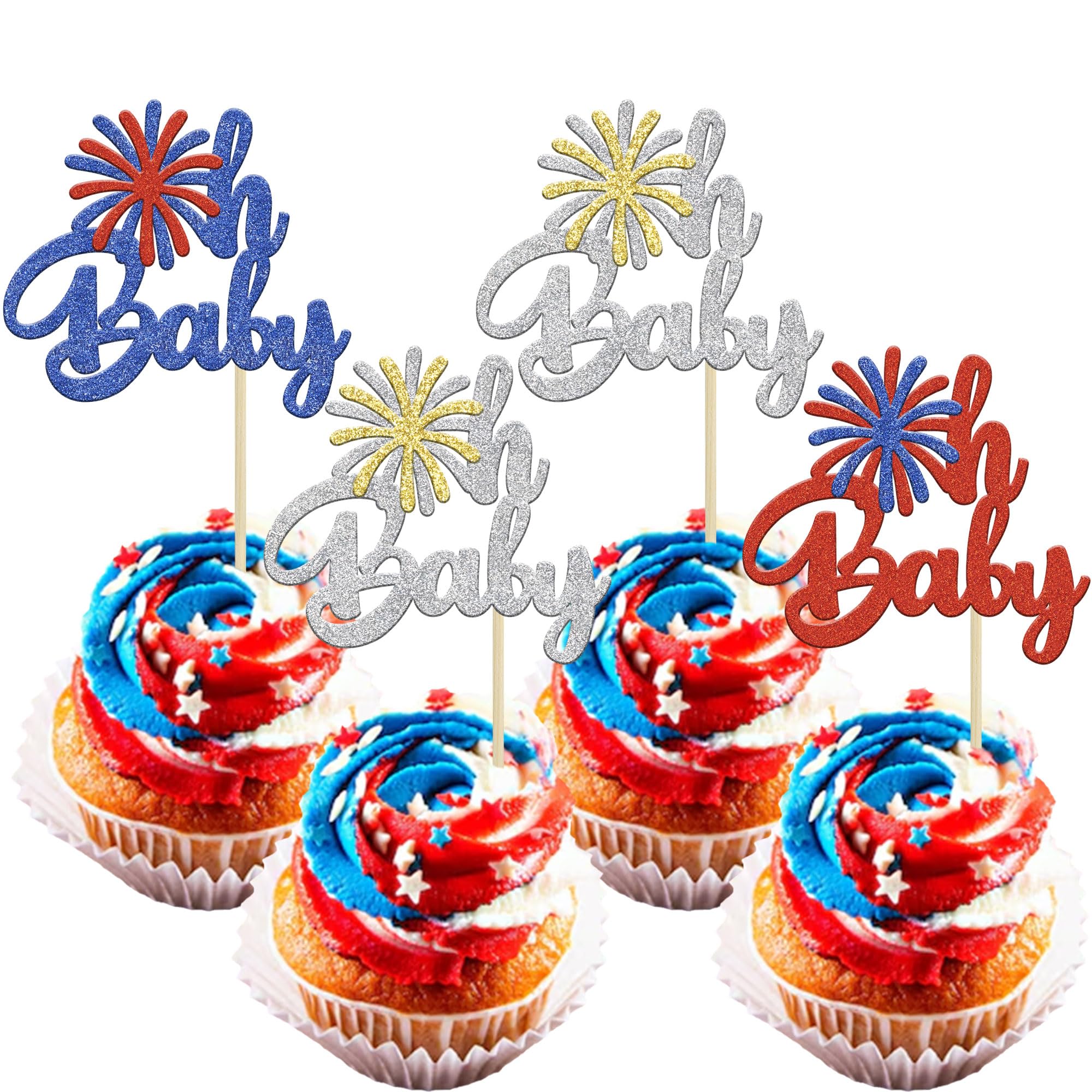 24 USA-Patriotische Cupcake Topper – Feuerwerk & Sterne, Independence Day Deko, Kuchen-Picks Für 4. Juli
