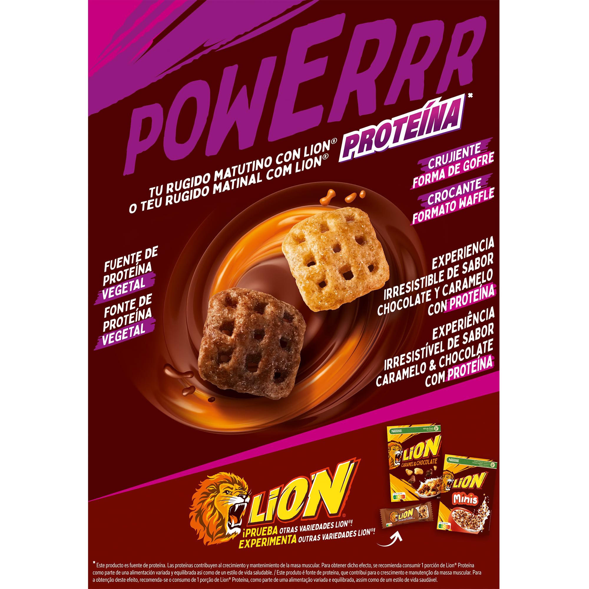 Cereales Nestlé Lion Proteína, Cereales integrales con chocolate y caramelo, 7 estuches de 340g