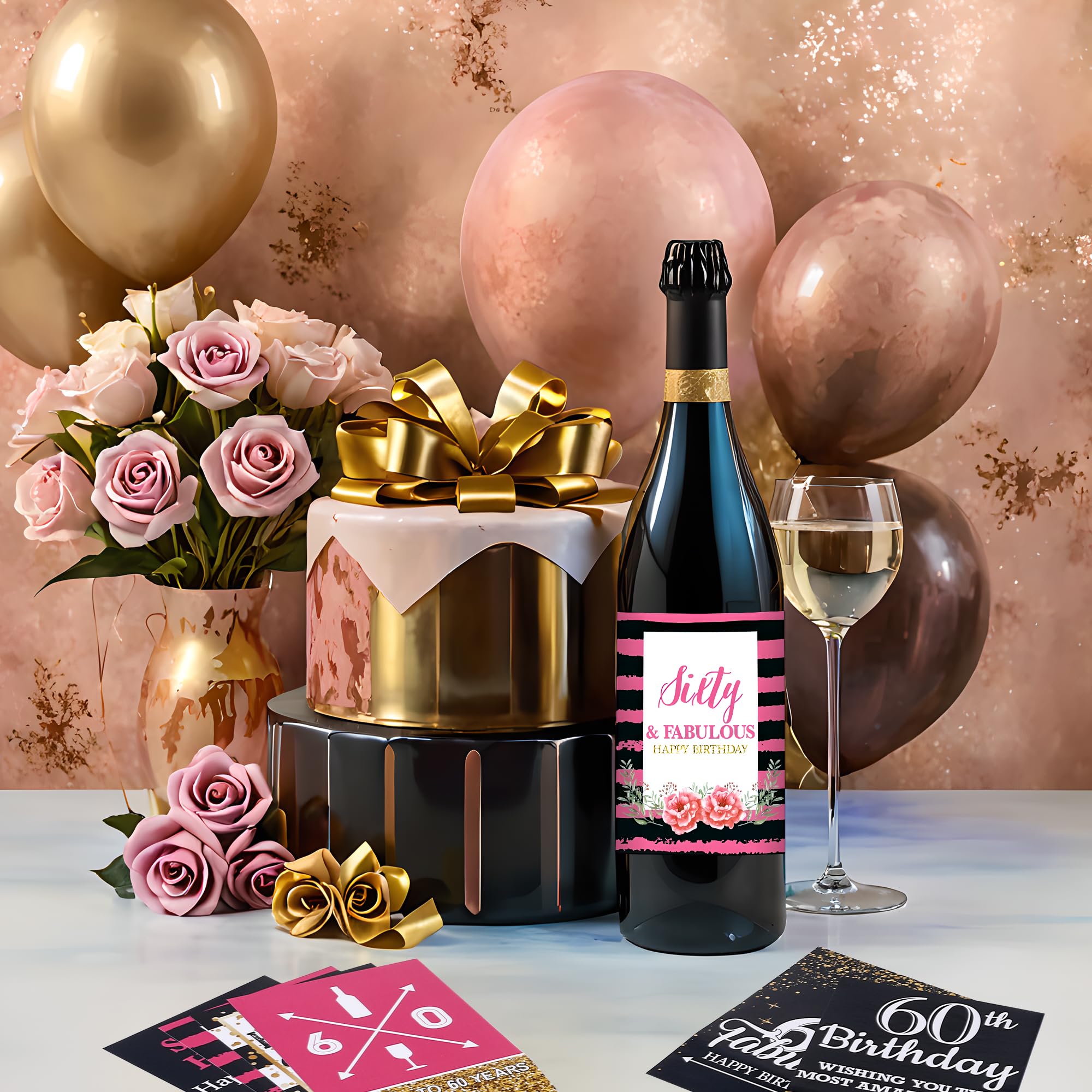 Liobelon 24 Pieces 60th Birthday Wine Bottle Labels Stickers Happy 60th Birthday Party Decorations Women Wine Bottle Stickers Black Gold and Pink 60th Birthday Gifts for Women Wine Bottle Label (60th)