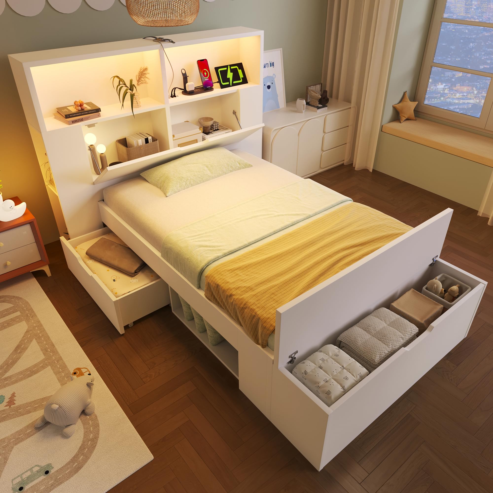 Gecheer Letto Singolo con Contenitore, Struttura in Legno con Luci LED, Porte USB, Cassetti, Panca, Ripiani, Rete a Doghe, 90x200 cm, Bianco, per Cameretta Bambini e Ragazzi