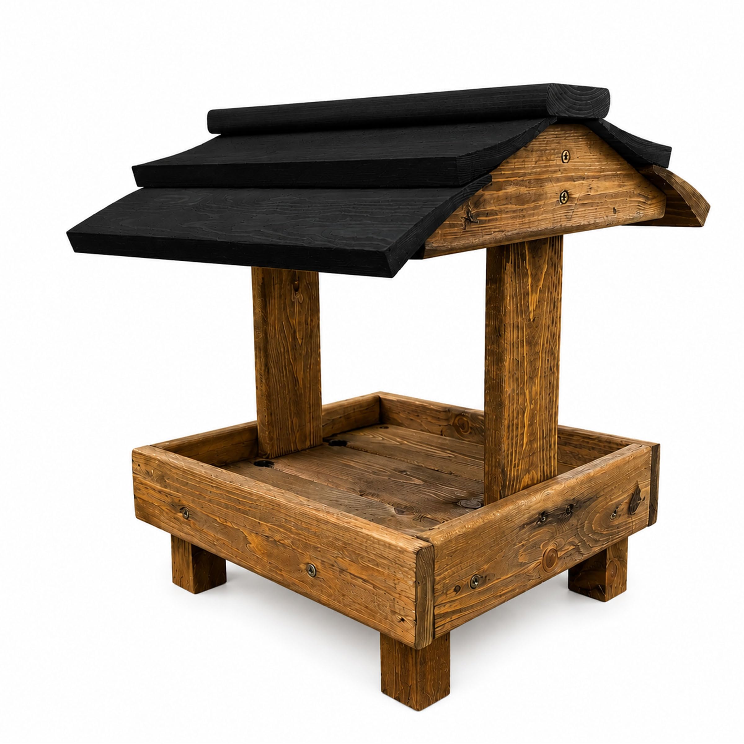 Wooden Ground Wild Bird Feeder Table with Black Roof – Made in the UK – Fully Assembled Solid Wood Bird Feeding Station – 33 x 33 x 42 cm