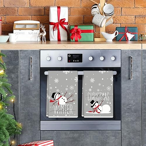Miniatura 7 de Toalla de cocina gris de Navidad de 18 x 28 pulgadas, muñeco de nieve, copo de nieve, toalla de cocina decorativa de secado de manos para Navidad,