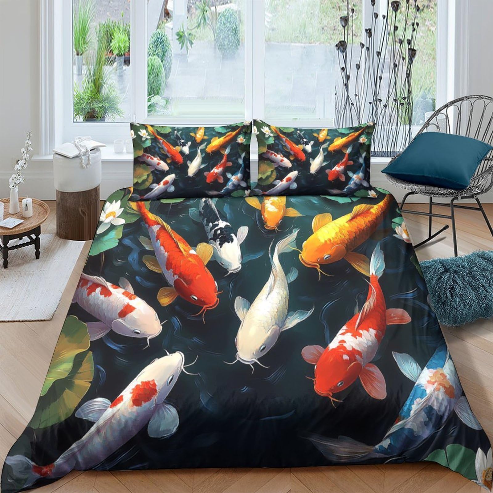 3D Printed Colorful Koi Fish Duvet Cover Microfiber Soft Breathable Pond Art Bedding Set with 2 Pillowcases for Bedroom Decor Single（135x200cm）