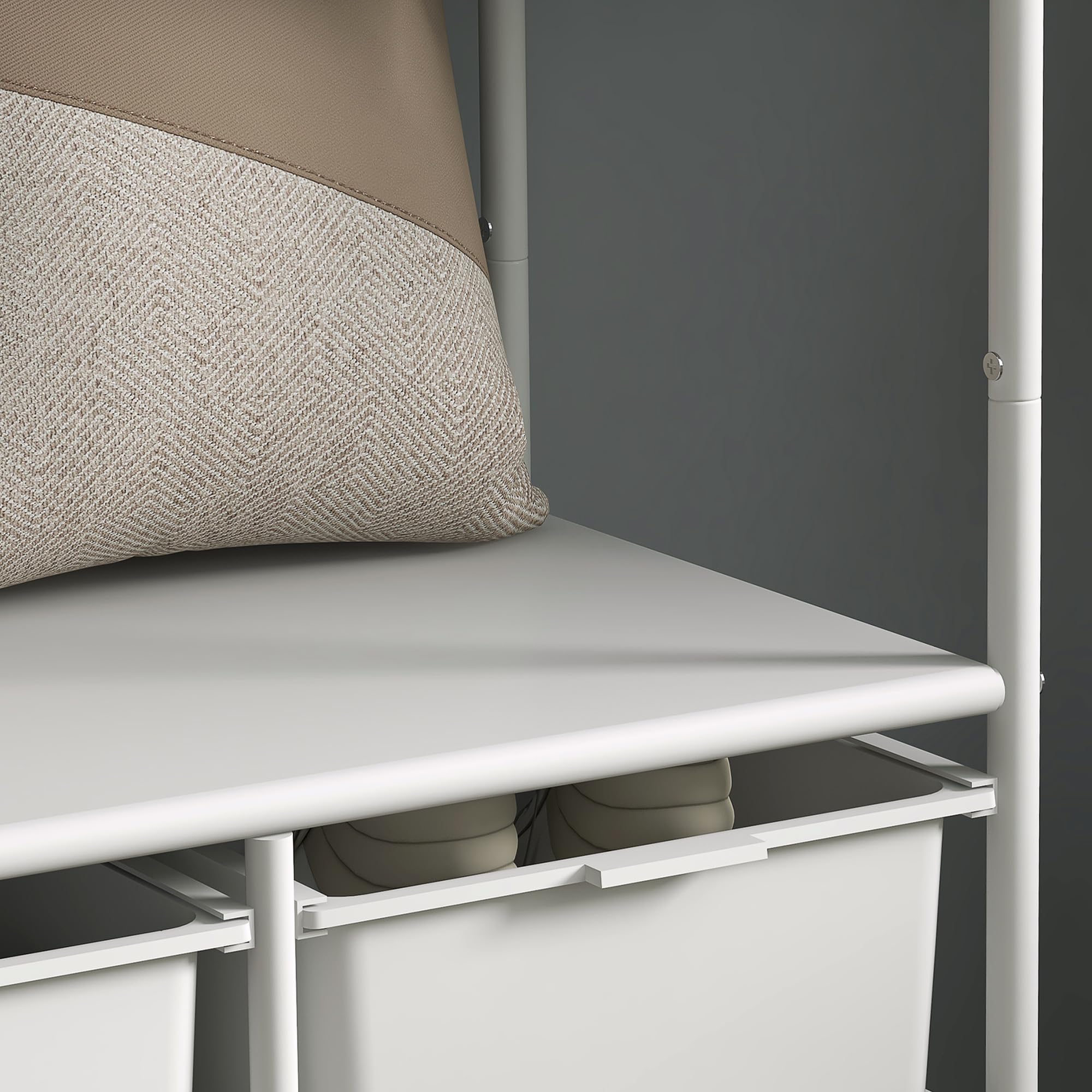 HOMCOM Perchero con Zapatero Moderno con 8 Ganchos 63x37x153 cm Blanco | 4 Cestas para Zapatos, Perchero Entrada, con Ruedas, Marco de Acero, para Salón Dormitorio Pasillo
