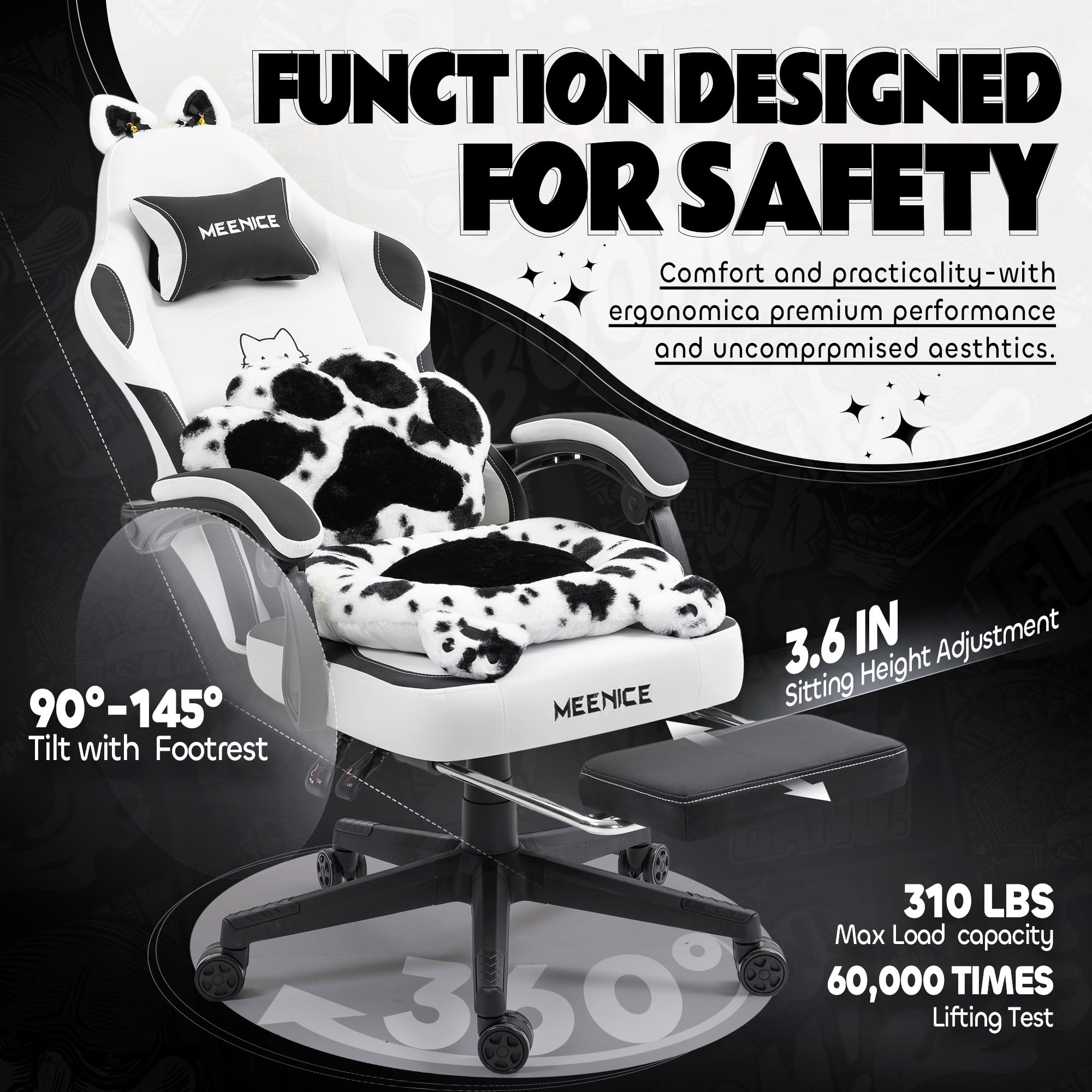 MEENICE Pink Gaming Chair Cute with Cat Ears Paw Lumbar and Cushion,Ergonomic Computer Chair with Footrest,Reclining PC Game Chair for Girl Computer Chair 300lbs for Adult: Black&white
