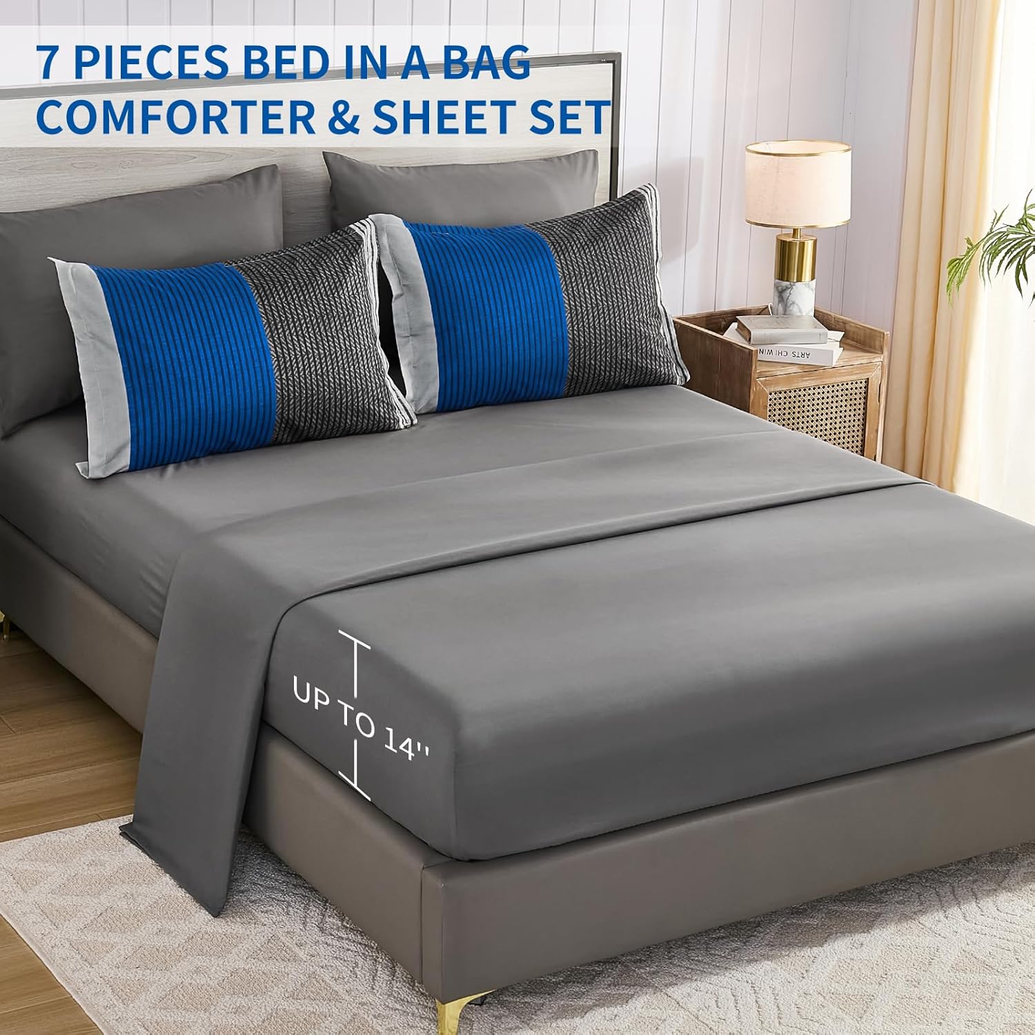 Anibedding Blue Queen Comforter Set 7 Pieces, Blue and Gray Patchwork Striped Bed in a Bag with Sheet Pillowcase for Queen Bed All Season - Image 7