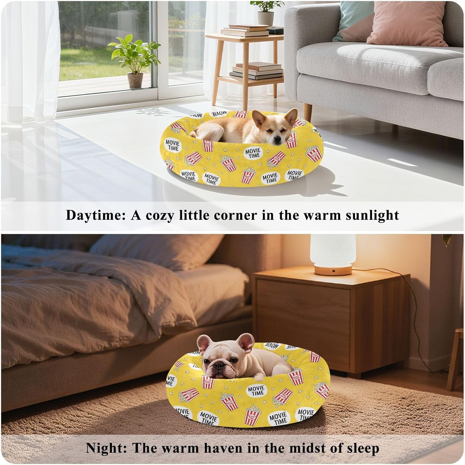 Movies Popcorn Yellow Pattern Dog Bed Donut Small Dog Beds Washable Cat Pet Bed Cozy Puppy Beds for Small Medium Dogs Cats,M