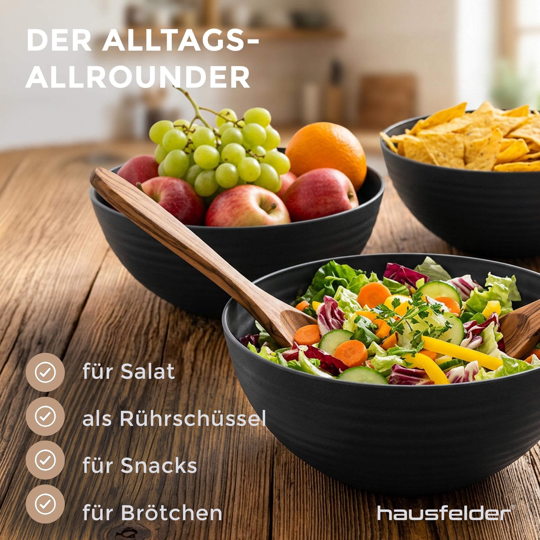 Hausfelder Salatschüssel Set 3, 3er Set, 3,3 l, Anthrazit | Kunststoff, 3er Set, 3,3 l, BPA-frei, Salatschüssel, Servierschüsseln, Matt, Schwarz, Schalen, Chipsschüsseln
