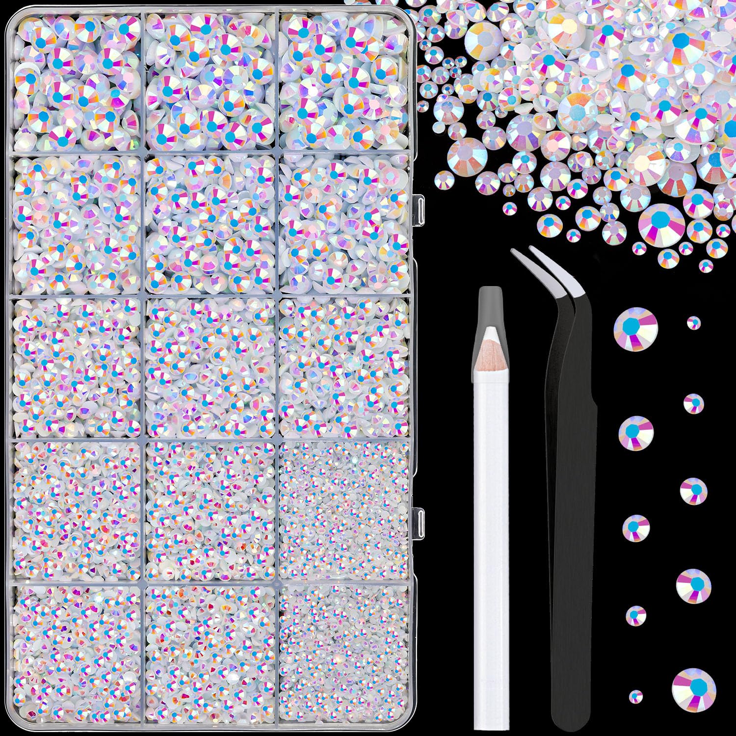 16000Pcs Resin Jelly Rhinestones with Tweezers for Crafting, White AB 2-6mm Mixed Sizes Flatback Gems, Bedazzling Crystal for DIY Crafts Clothing Tumblers Mugs Shoes Fabric Nail Art