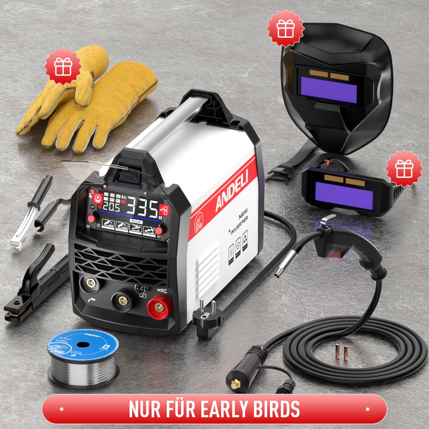 ANDELI 135A 4-in-1 Kompakt Schweißgerät ohne Gas mit Fülldraht & PULSO | 230V Komplett-Set inkl. Helm & Handschuhe | Mit großer LED-Anzeige & Synergie | Für MIG, WIG-Lift & E-Hand - sofort startklar
