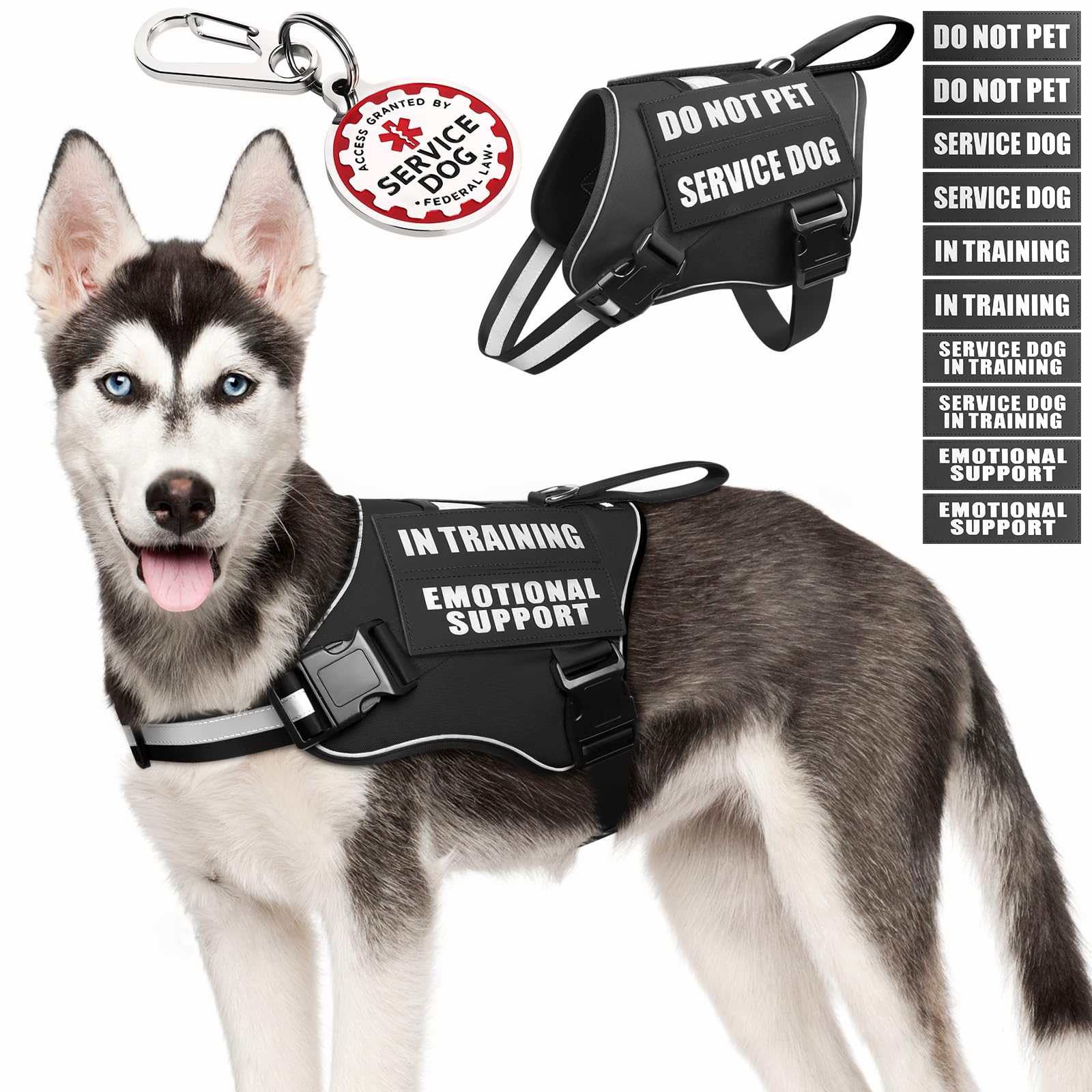 MOOGROU Service Dog Vest Harness+ID Tag+10 Patches,Metal Serivce Dog Tag&Reflective Emotional Support Dog Vest with Handle for Medium Dogs,Easy Put On