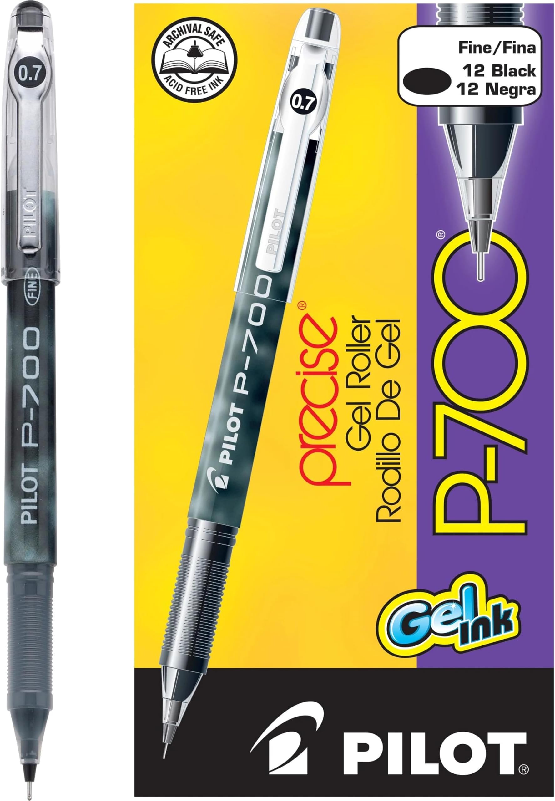 PILOT Precise P-700 Gel Ink Rolling Ball Stick Pens, Marbled Barrel, Fine Point, Black Ink, 12-Pack (38610)