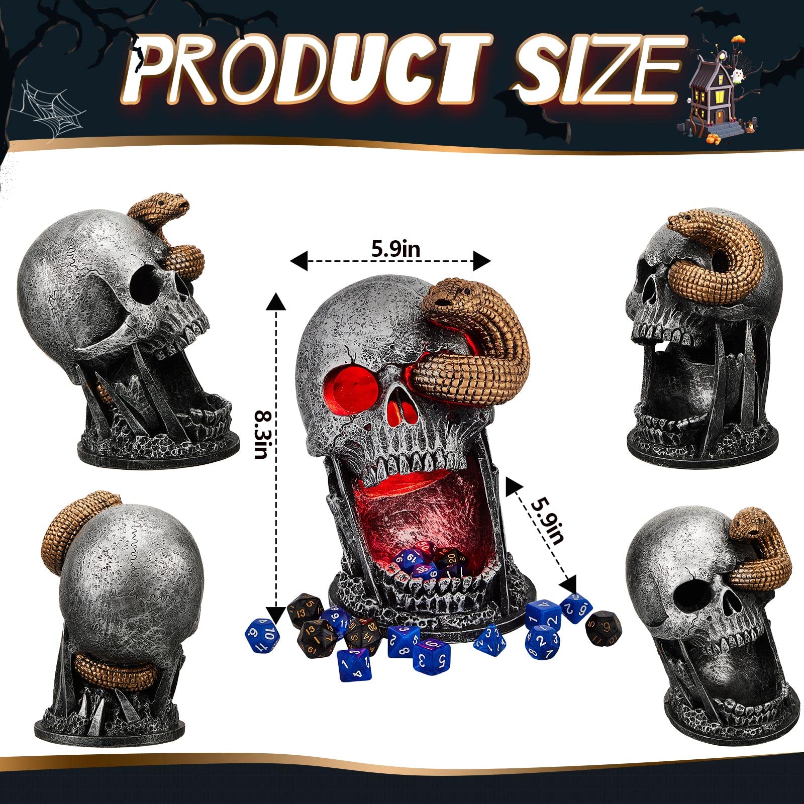 Dice Tower Skull Dice Tower Dice Roller with LED Light Dice Skull for Tabletop Roleplaying Game, Included Button Battery