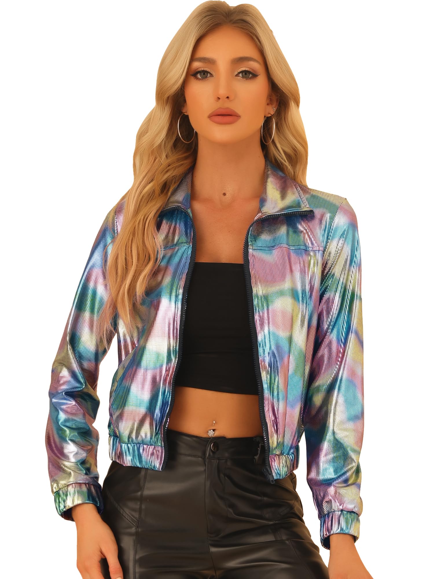 Allegra K Women's Metallic Jacket Holographic Shiny Long Sleeve