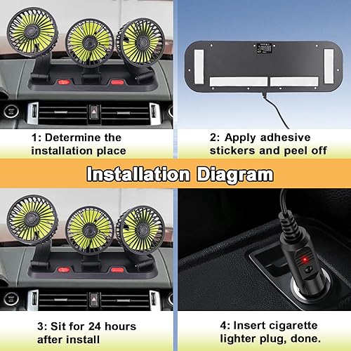 Miniatura 8 de Ventilador de triple cabezal para automóvil, CA portátil para automóvil con rotación de 360 para encendedor de cigarrillos para automóvil, RV y SUV