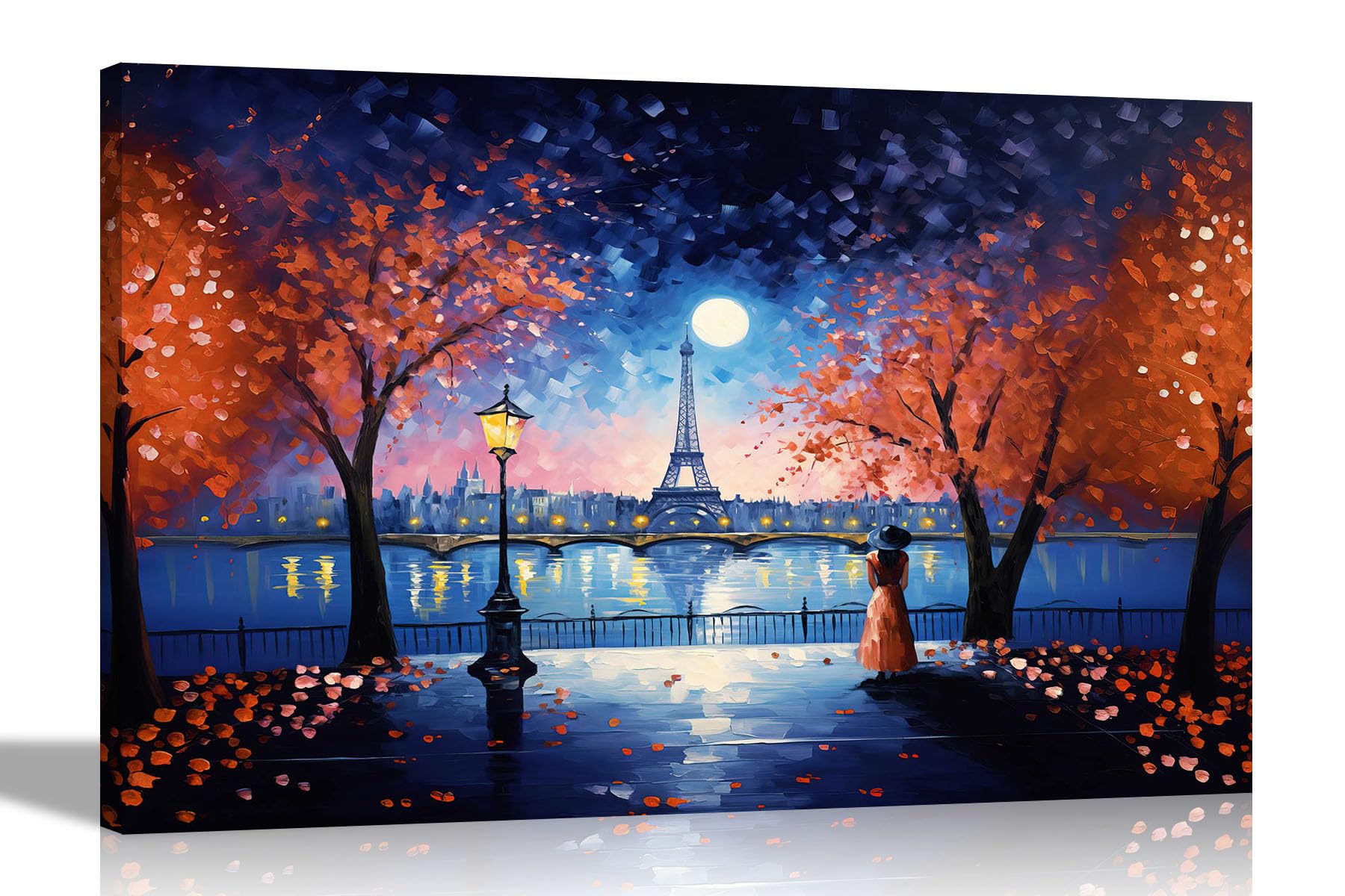 Artley Prints Orange - Moonlight Eiffel Tower Canvas Wall Art | Framed Pictures For Living Room, Bedroom | Modern Prints Artwork 76 X 50Cm (30 X 20 Inches)