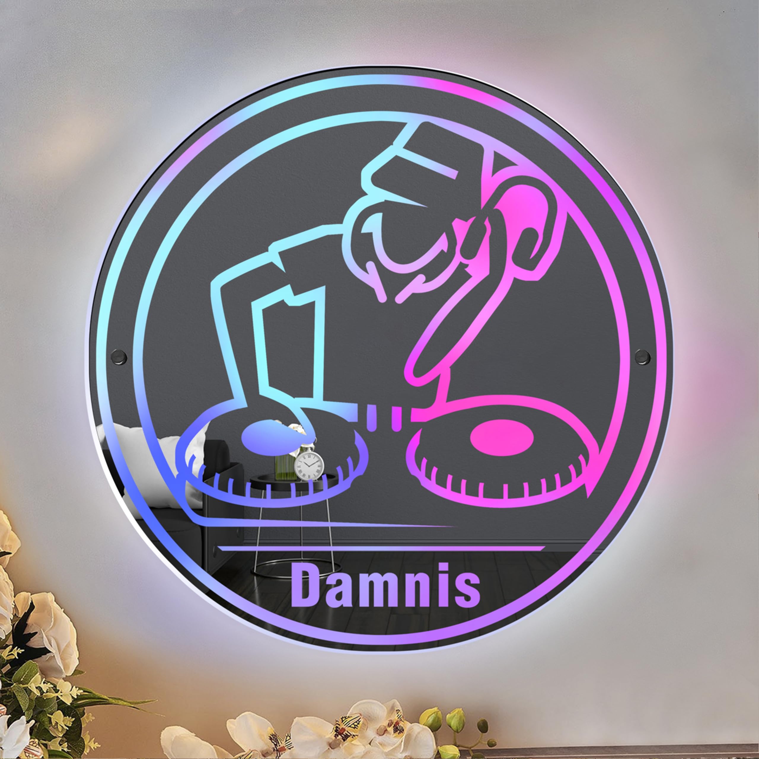 Personalized DJ Player Mirror Neon Sign for Wall Decor, Custom DJ Name Light Up Mirror Night Light, Cool Sound Stereo System Name Sign for Bar, Bedroom, Party, Club Birthday Gifts (Style 2)