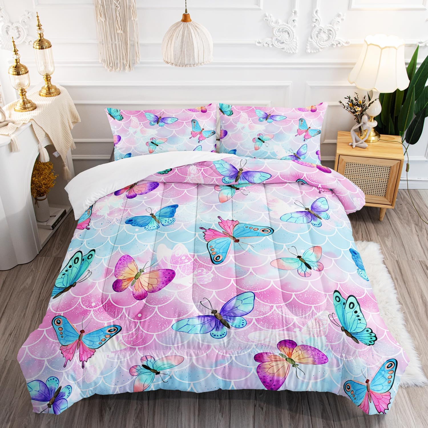 Rainbow Butterfly Comforter Set Twin Size for Girls Kids Adults Mermaid Scales Pattern Bedding Set Aesthetics Butterflies Quilt Bed Set with 1 Comforter and 2 Pillowcases