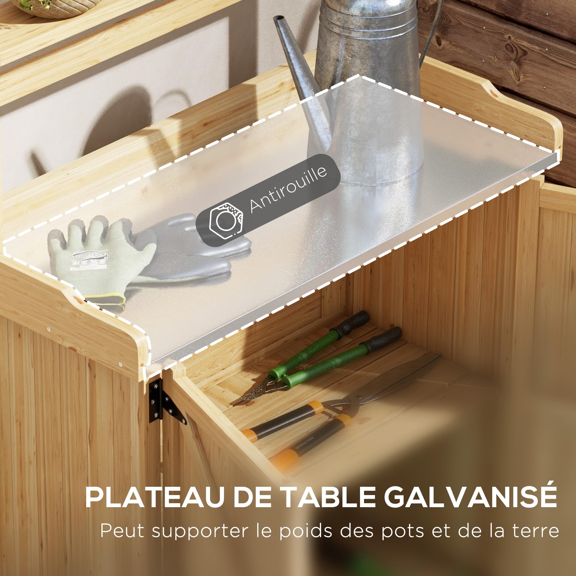 Outsunny Table de Rempotage, Table de Jardinage Style Rustique avec Placard et Étagères et Plateau Galvanisé, Patins Antidérapants, en Bois Sapin Pré-Huilé, Dim. 90,5L x 41l x 124,5H cm, Jaune