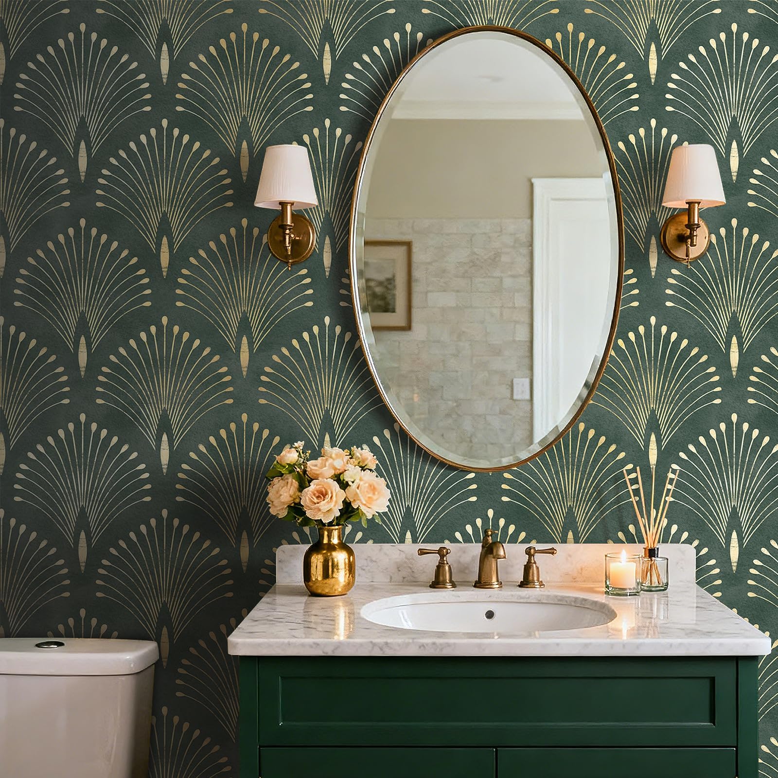 Papel Pintado Autoadhesivo Verde Oscuro y Dorado Baño 40cmx1000cm