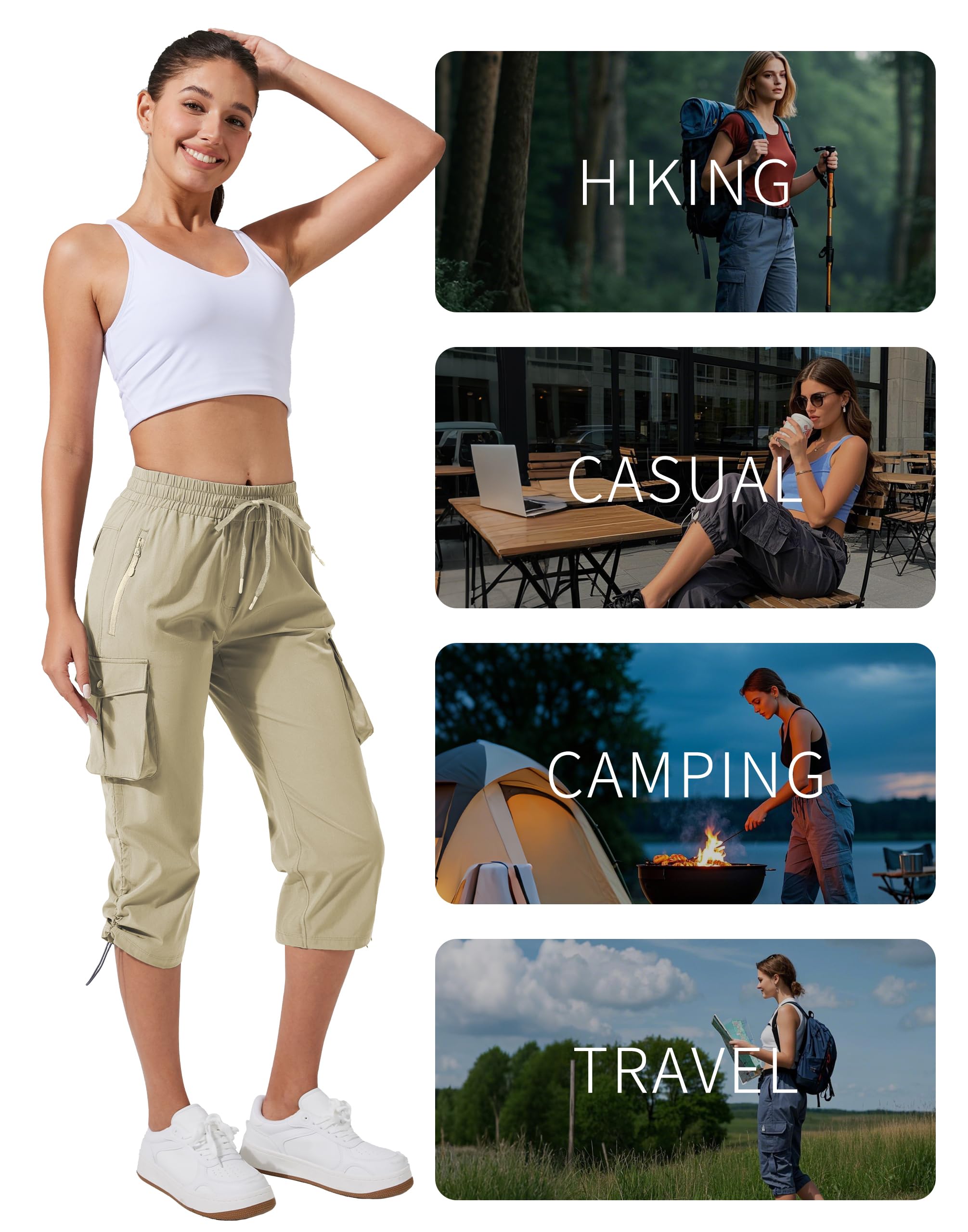 Pioneer Camp Damskie spodnie Capri 3/4 na lato, lekkie spodnie trekkingowe, swobodne Comfy, elastyczny ściągacz, spodnie outdoorowe z 6 kieszeniami