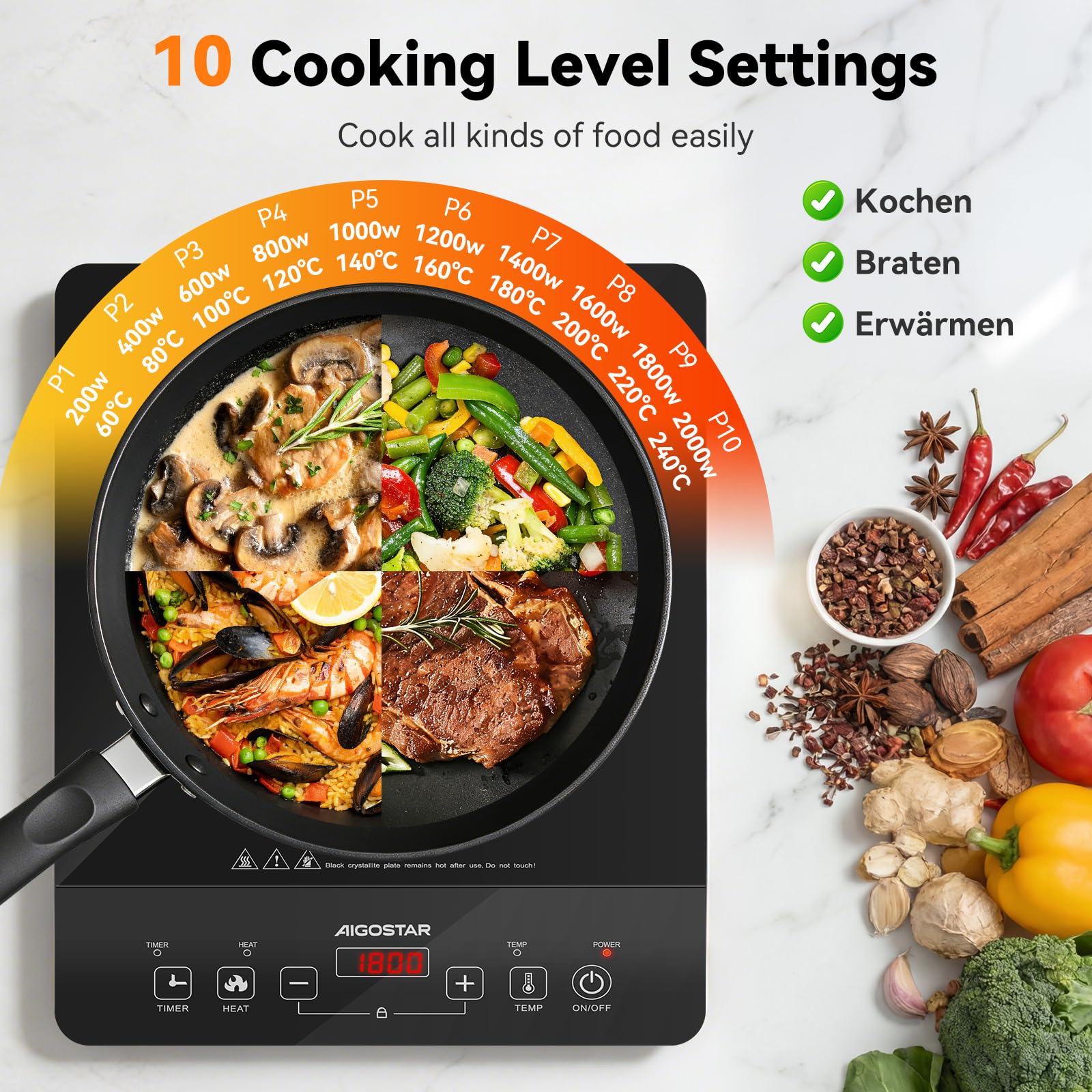 Aigostar Plaque Induction 2000W Plaque de Cuisson electrique portable