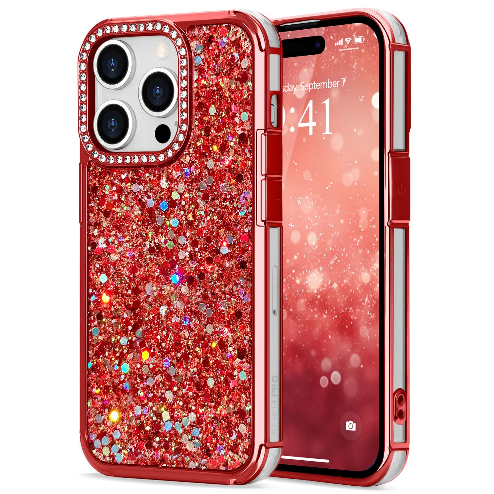 ROSEHUI Glitter Bling Case for iPhone 15 Pro Max Sequin Glossy Back Cover with Luxury Crystal Diamond Rhinestone Camera Bumper, Slim Soft Silicone TPU