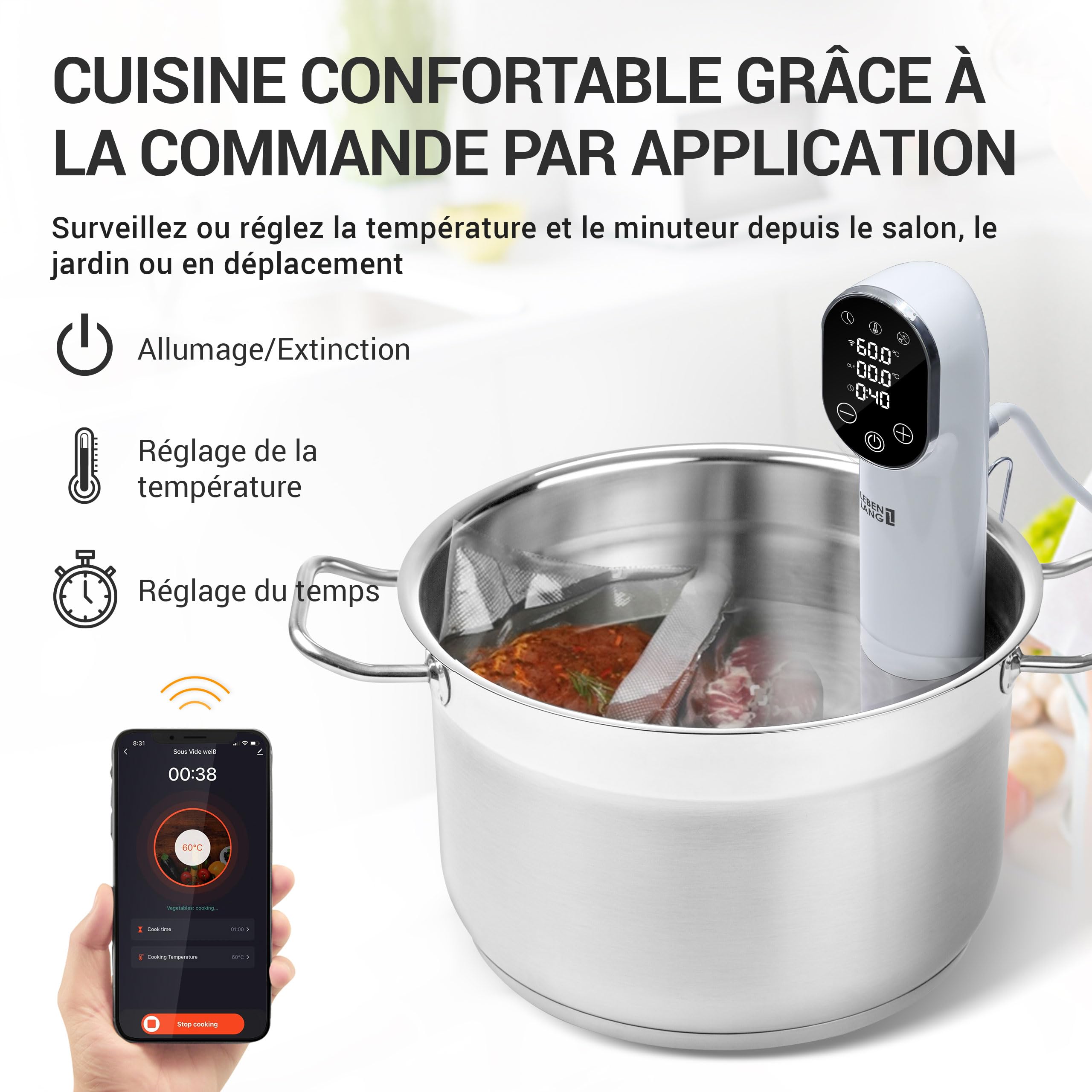 Cuisson Sous Vide Thermoplongeur Sous Vide LEBENLANG 1200W - Contrôle Par Appli, 20-90°C, Timer 5min à 9h - Pour Viandes, Poissons, Légumes