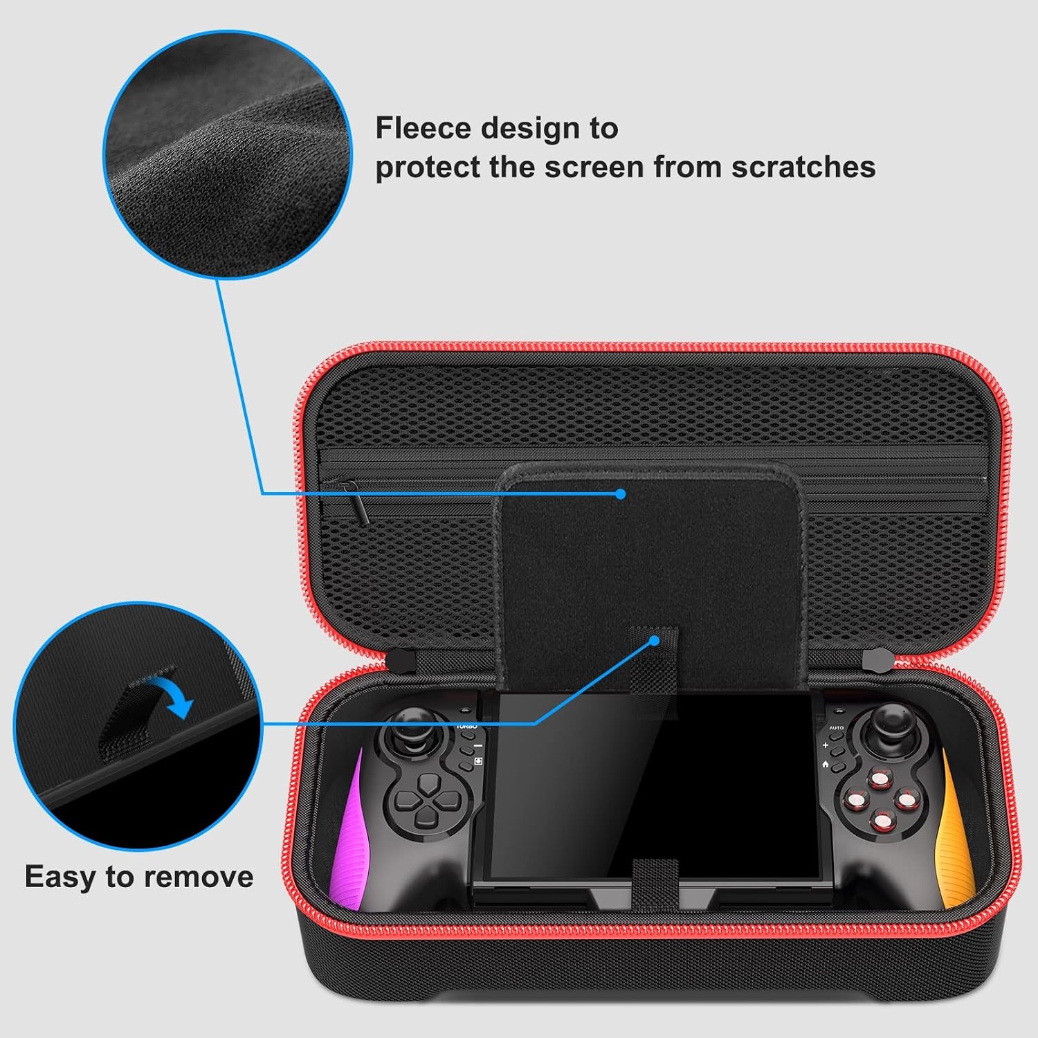 Close-up view of the carrying case interior, highlighting the soft fleece lining for screen protection and a pull tab for easy console removal.