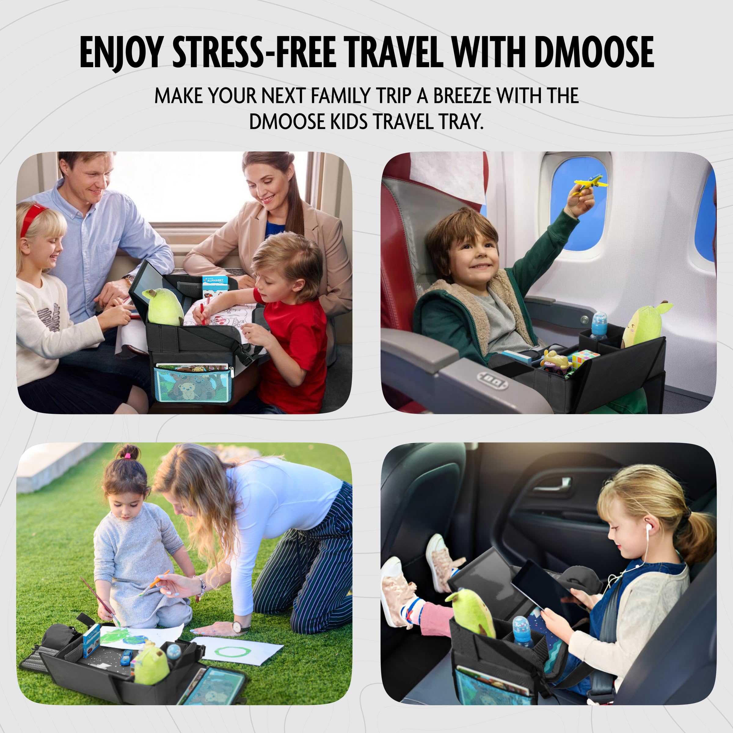DMoose Bandeja de viaje para niños, bandeja de actividades para asientos de automóvil con base acolchada y cómoda, paredes laterales, bolsillos malla para aperitivos, soporte para tableta, cochecito