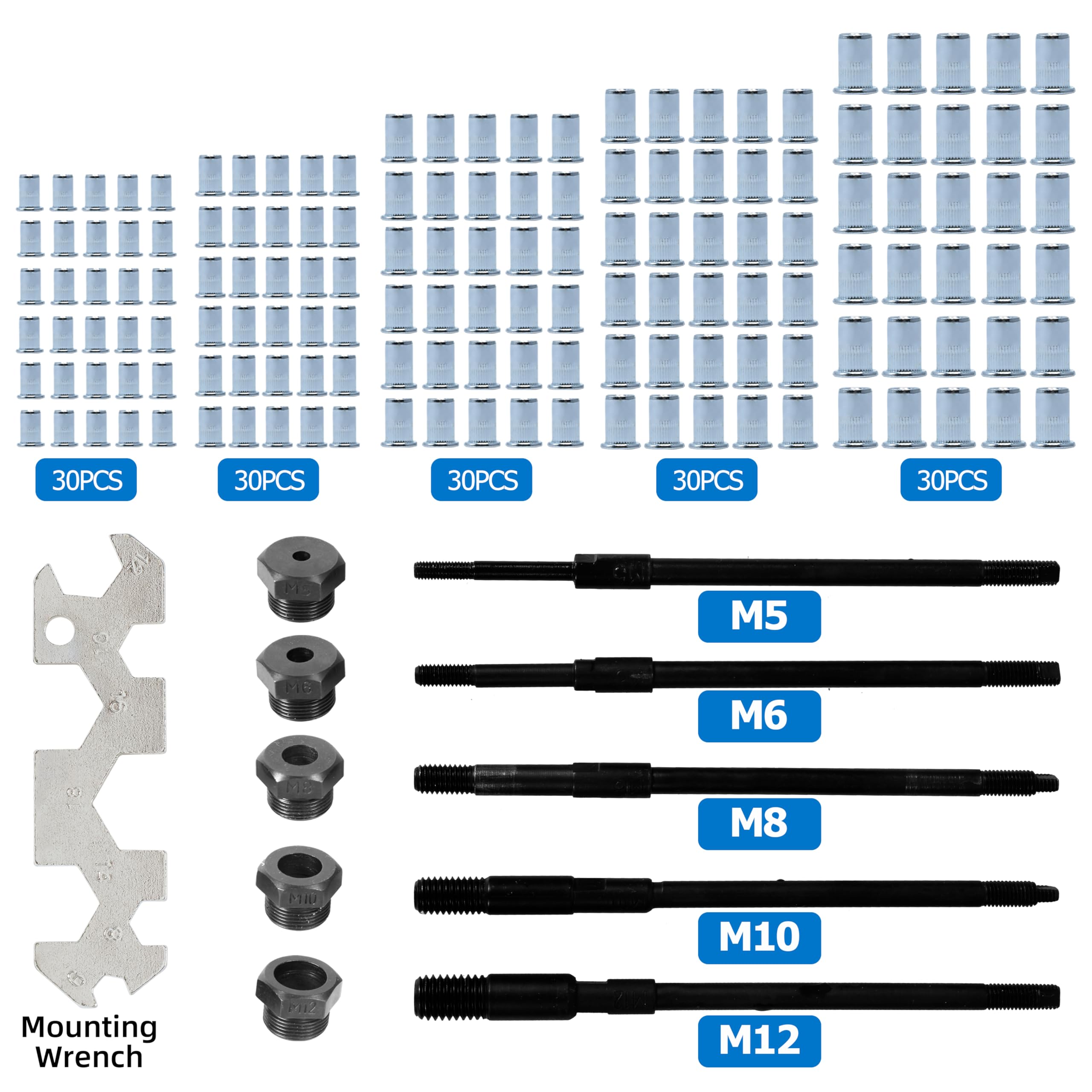 CCLIFE Nietmutternzange Profi Nietmutternzange Set inkl. 150 Gewinde Nietmuttern aus Stahl in M5 M6 M8 M10 M12