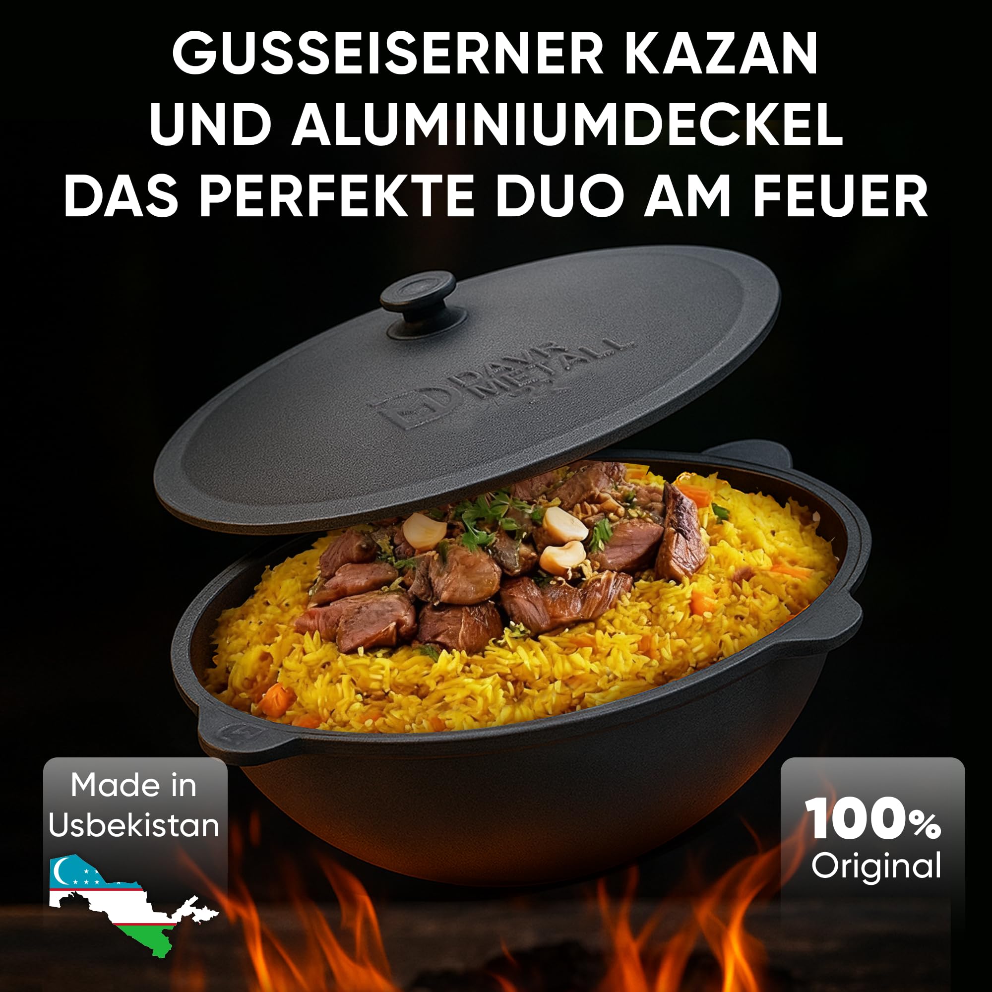 Utschak Uchag - Horno de fuego de 40 cm de diámetro, 2 mm, acero, 4 mm, Kazan, 12 L, base redonda con termómetro, cucharón para espumas Plov, Учак Учаг Uchag Asia (Set 508)
