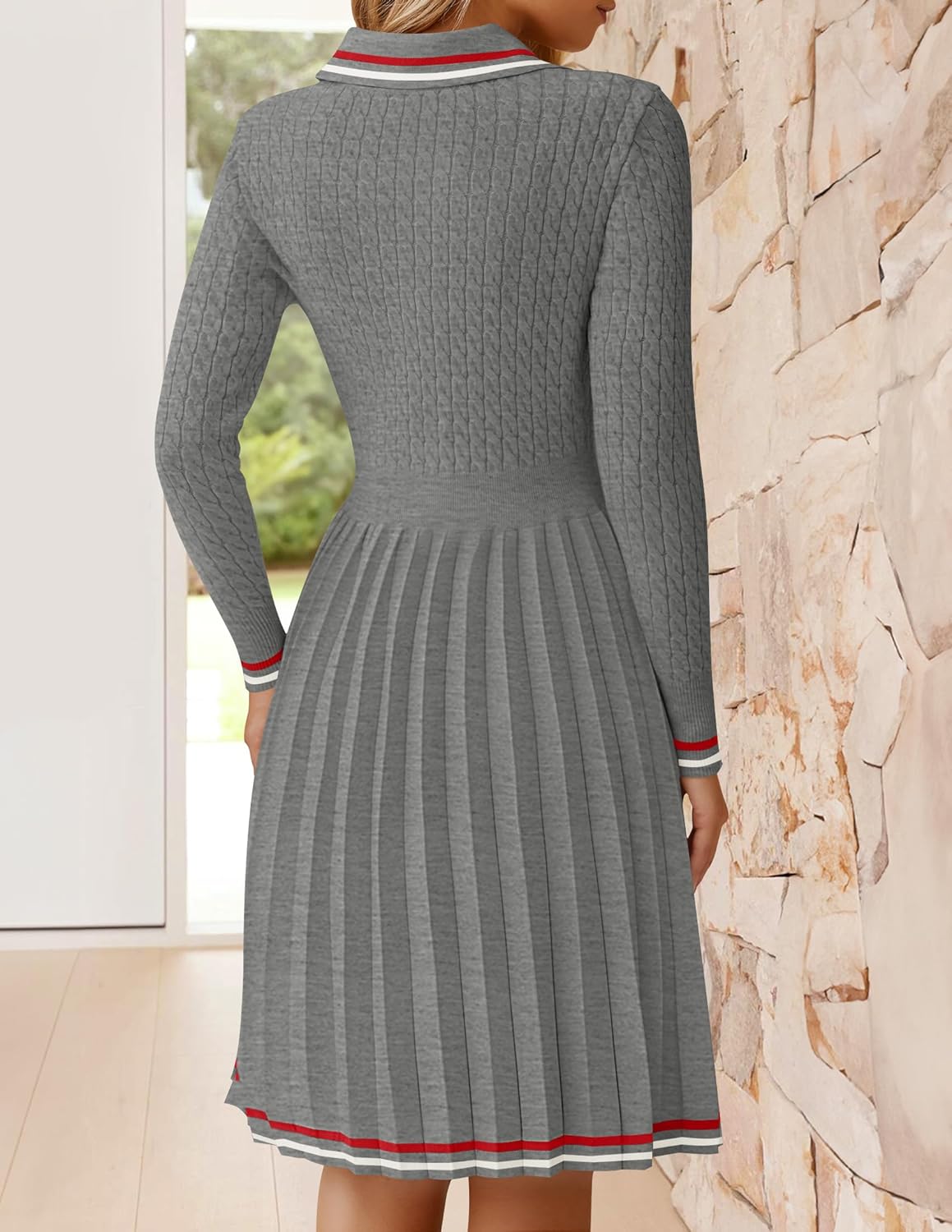 ZESICA Women's Midi Sweater Dress 2025 Fall Long Sleeve Cable Ribbed Knit A Line Swing Pleated Dresses - Image 4