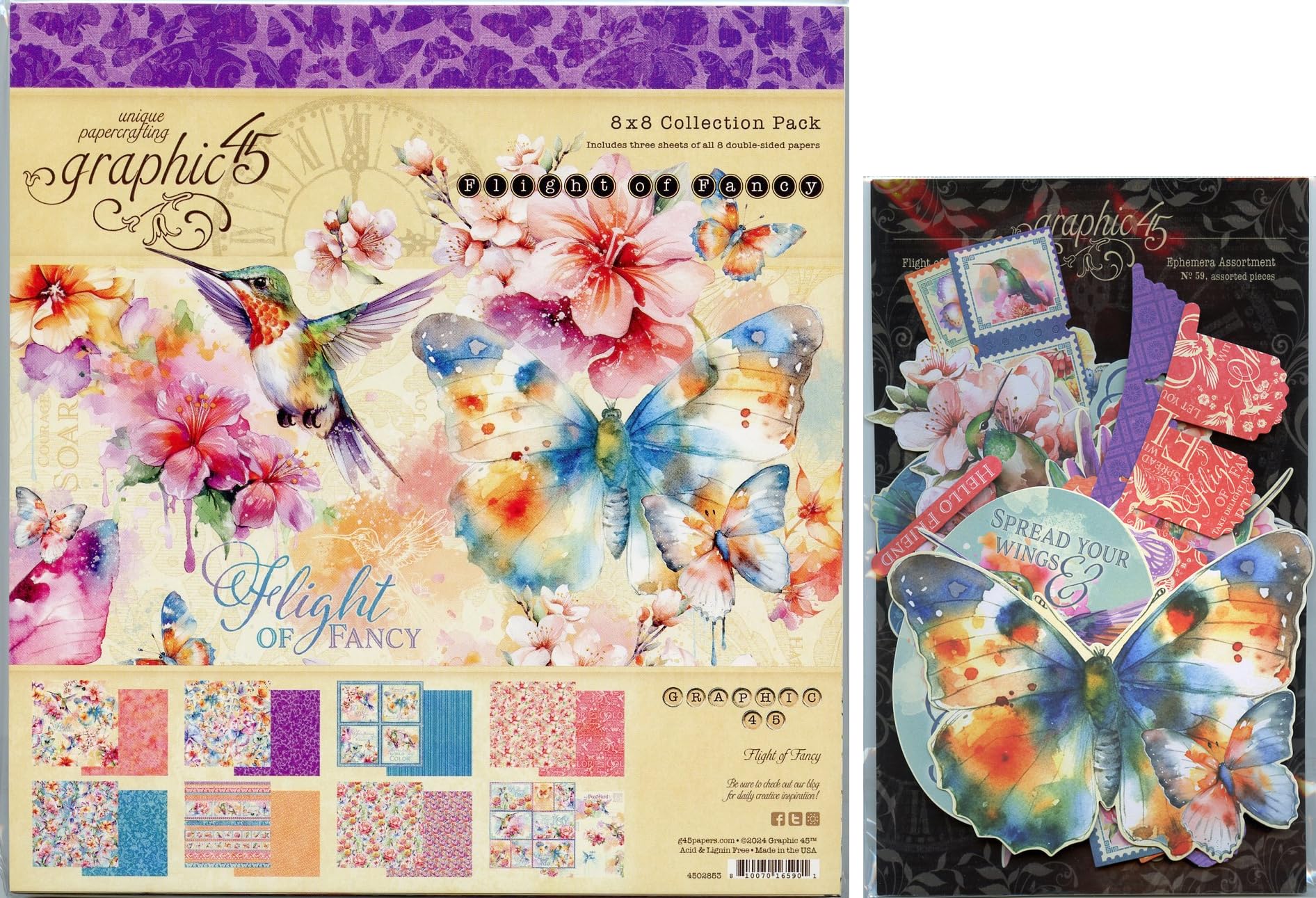Graphic 45 Flight of Fancy Decorative Papers - 8x8 Paper Pack and Ephemera Die-Cuts
