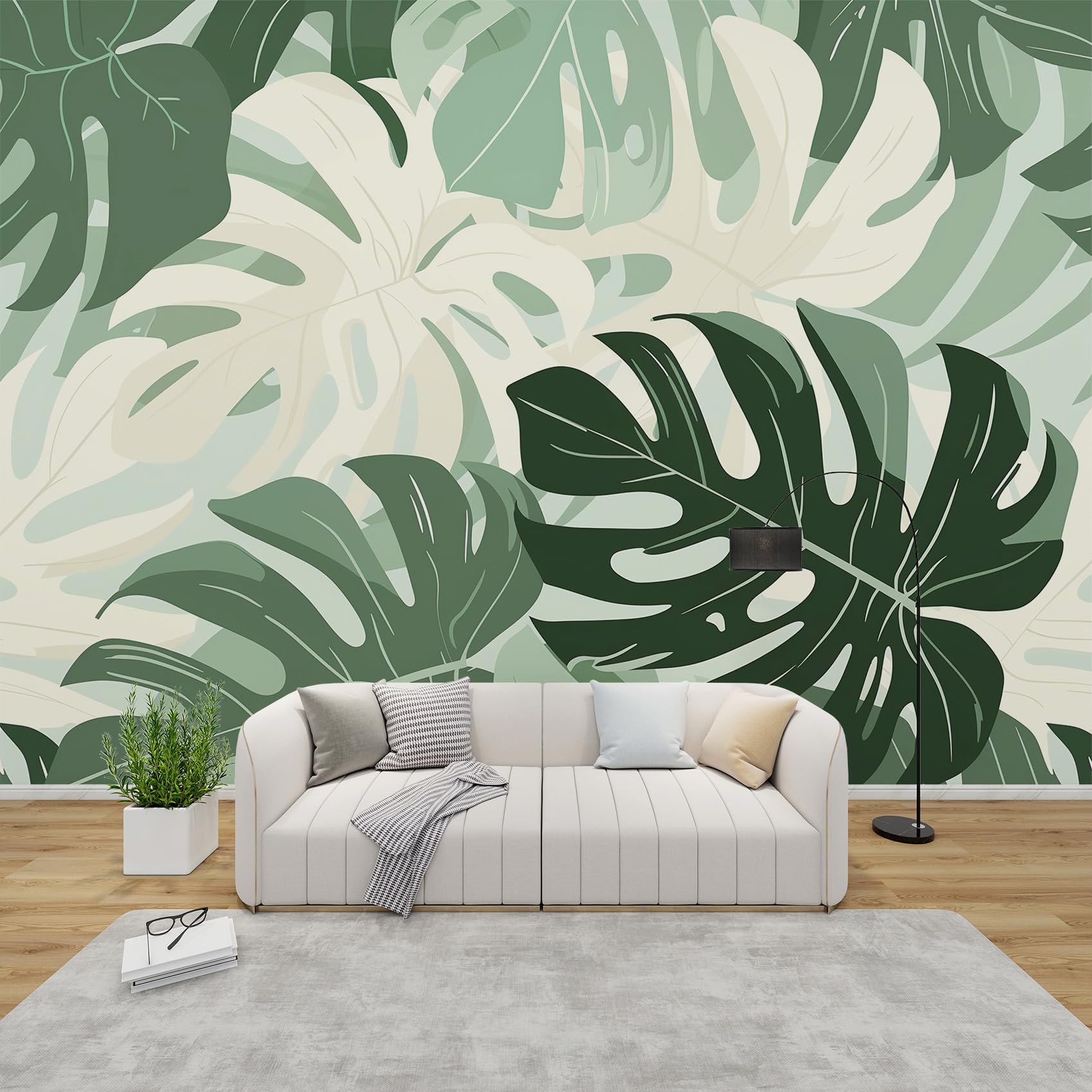 QEODAH Monstera Wallpaper for Living Room, Tropical Leaves Wall Art for Bedroom, Jungle Botanical Leaf Wall Mural, Renter Friendly Removable Waterproof Non-Woven Photo Wallpaper 3D, 450x315 cm