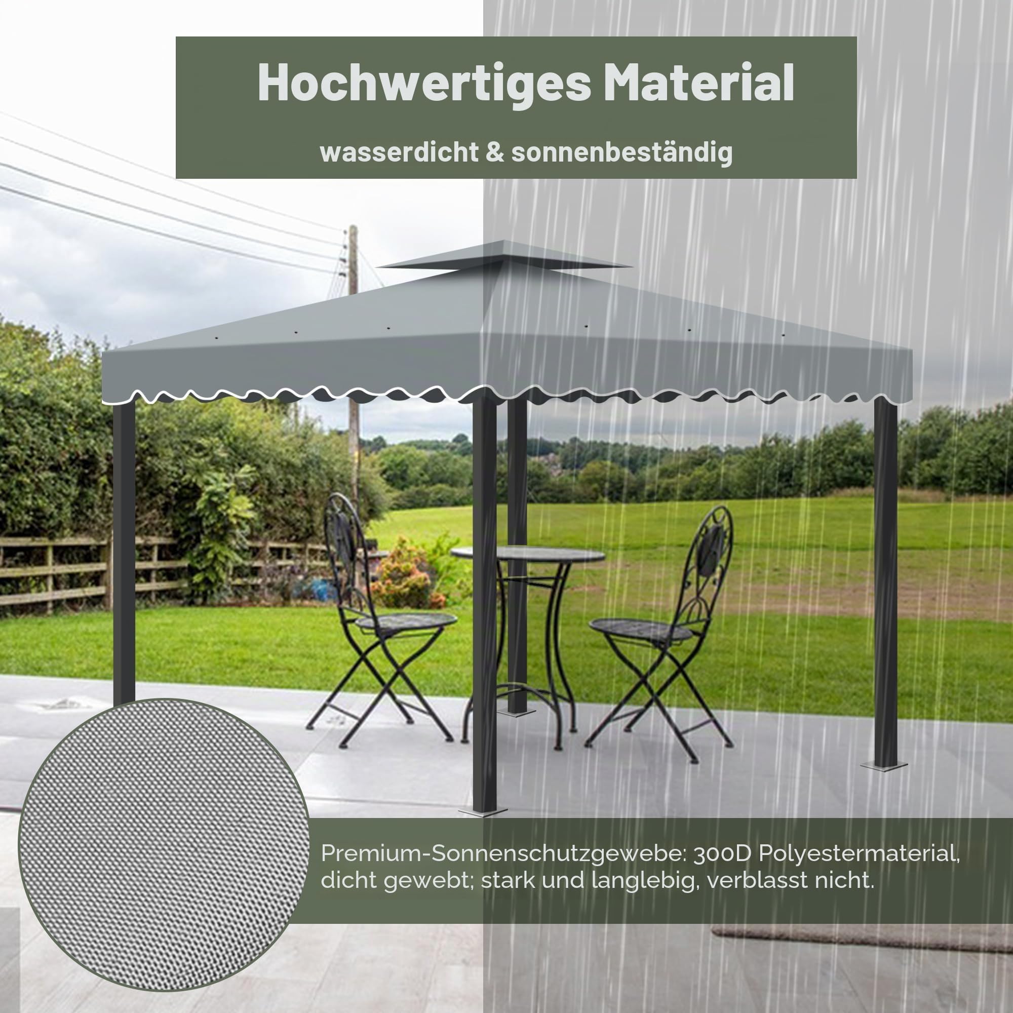 Ersatzdach Pavillon 3x3, Faltpavillon 3x3 Wasserdicht UV-Schutz Doppeldach mit Air Vent und 12 Wasserabflusslöcher,Winterfest Stabil Pavillondach Ersatzzeltdach für Garten Terrasse Camping (Grau)