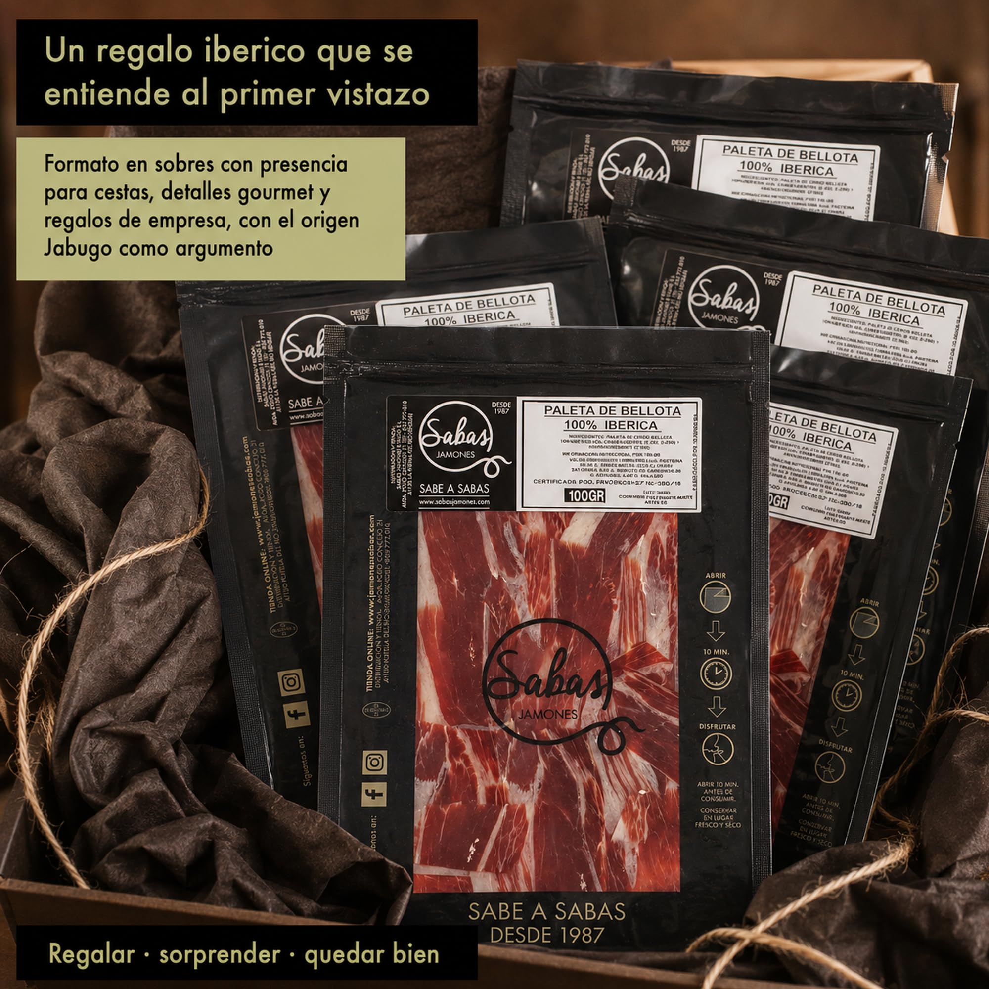 Paleta de Bellota 100% Iberica de Jabugo Cortada a Cuchillo 5 Sobres 100 g | Jamon iberico loncheado pata negra al vacio; curacion 30 meses, Sierra Huelva. Para tabla, aperitivo, cesta y regalo