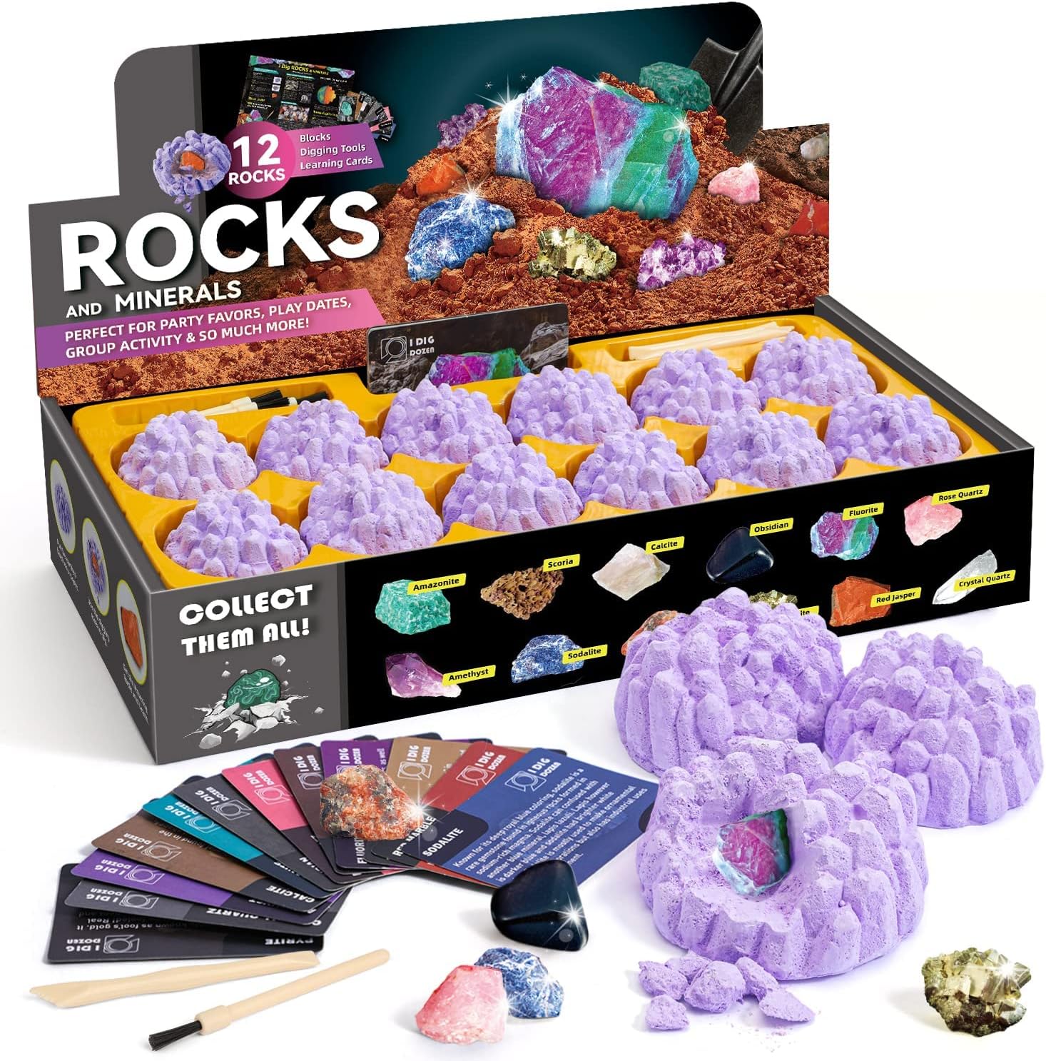 Gamerside Mineral Mining Kit Rock Mining Kit Gem Dig Kit - Dig up 12 Rock & Mineral Collection Gemstones & Crystals Dig Kit for Kids Gemology Mining Gift Rocks Minerals, Excavation Toys for Boys Girls
