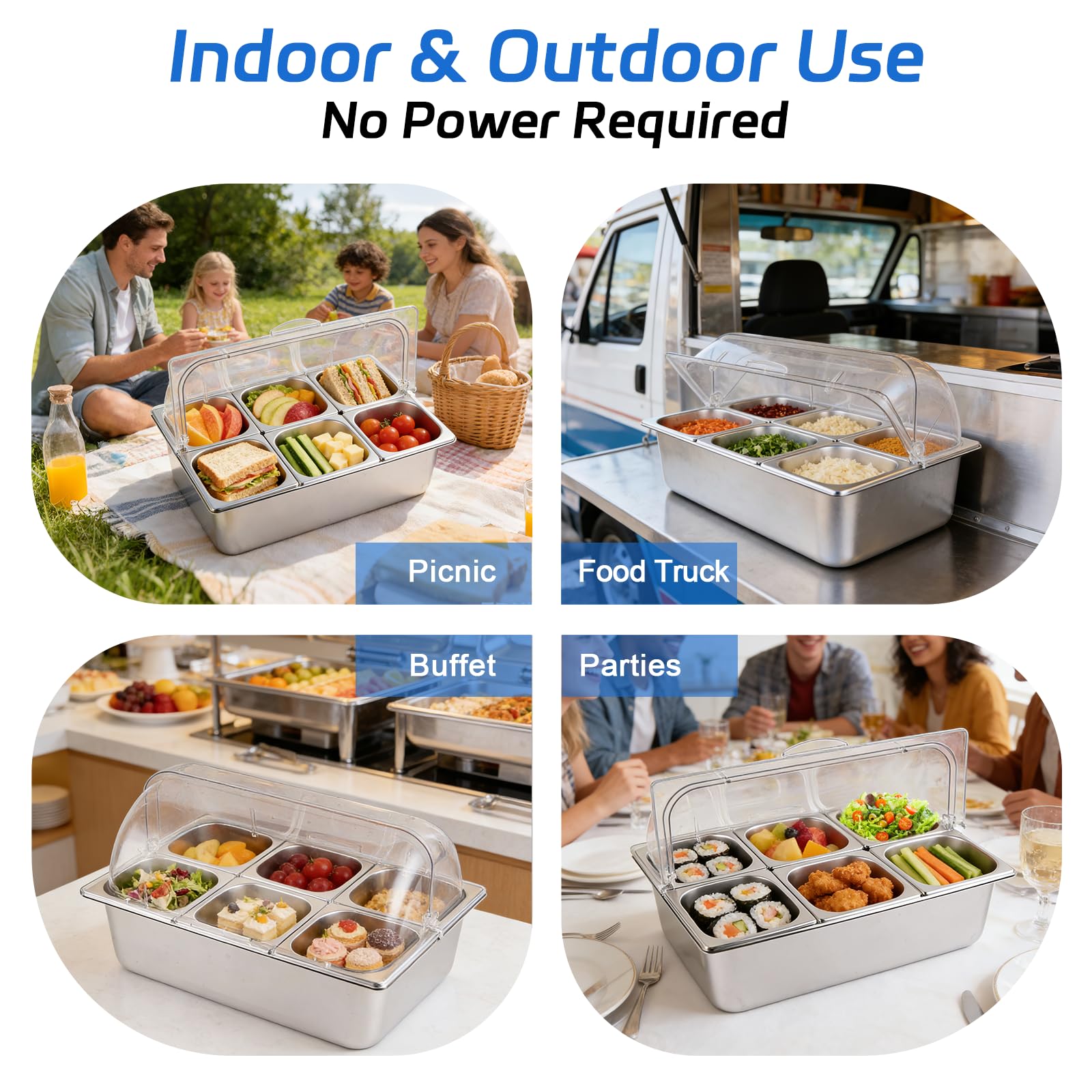 Dispensador de salsa de alimentos con estante de caja inferior de hielo, contenedores de acero inoxidable con cubierta superior enrollable, organizador de condimentos de ensalada (A)