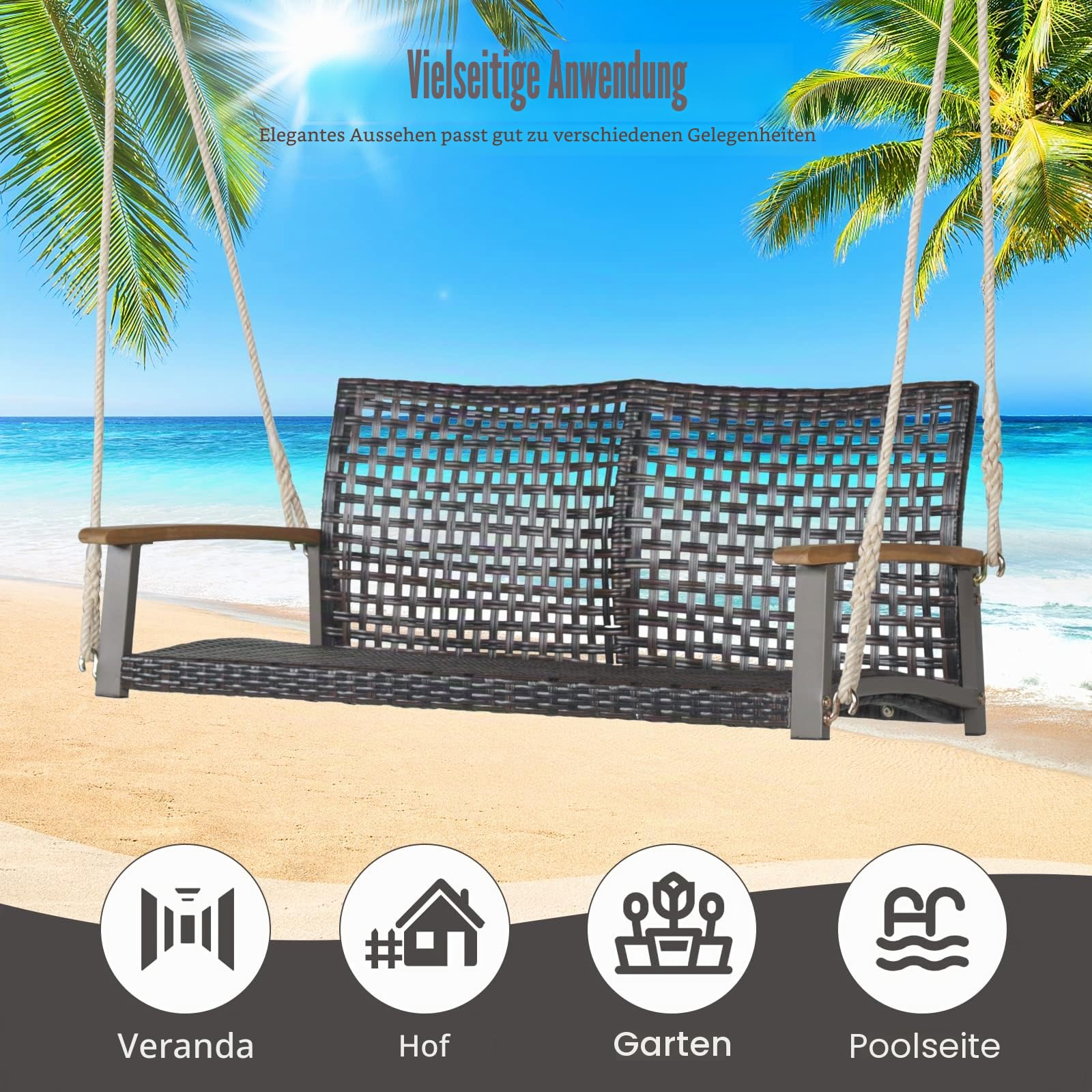 GIANTEX Schaukelbank Outdoor 2 Sitzer, Hängebank PE-Rattan, Gartenschaukel Veranda-Schaukel zum Aufhängen, bis 360 kg belastbar, Hollywoodschaukel Schaukel für Balkon Veranda Terrasse