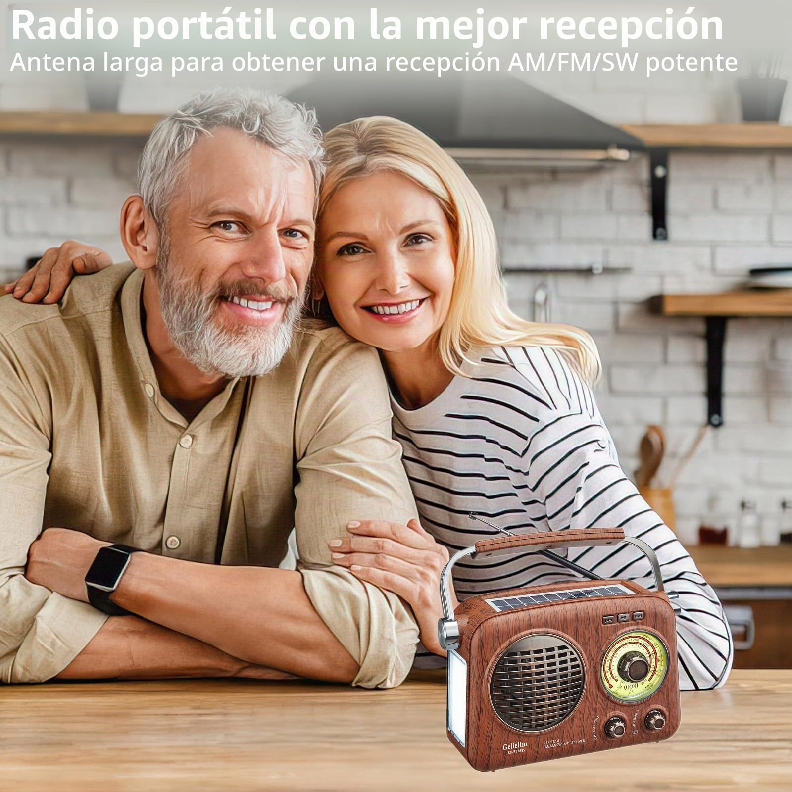 Gelielim Radio retro portátil AM/FM con Bluetooth, recargable/solar/batería, compatible con tarjeta TF/USB, linterna de emergencia