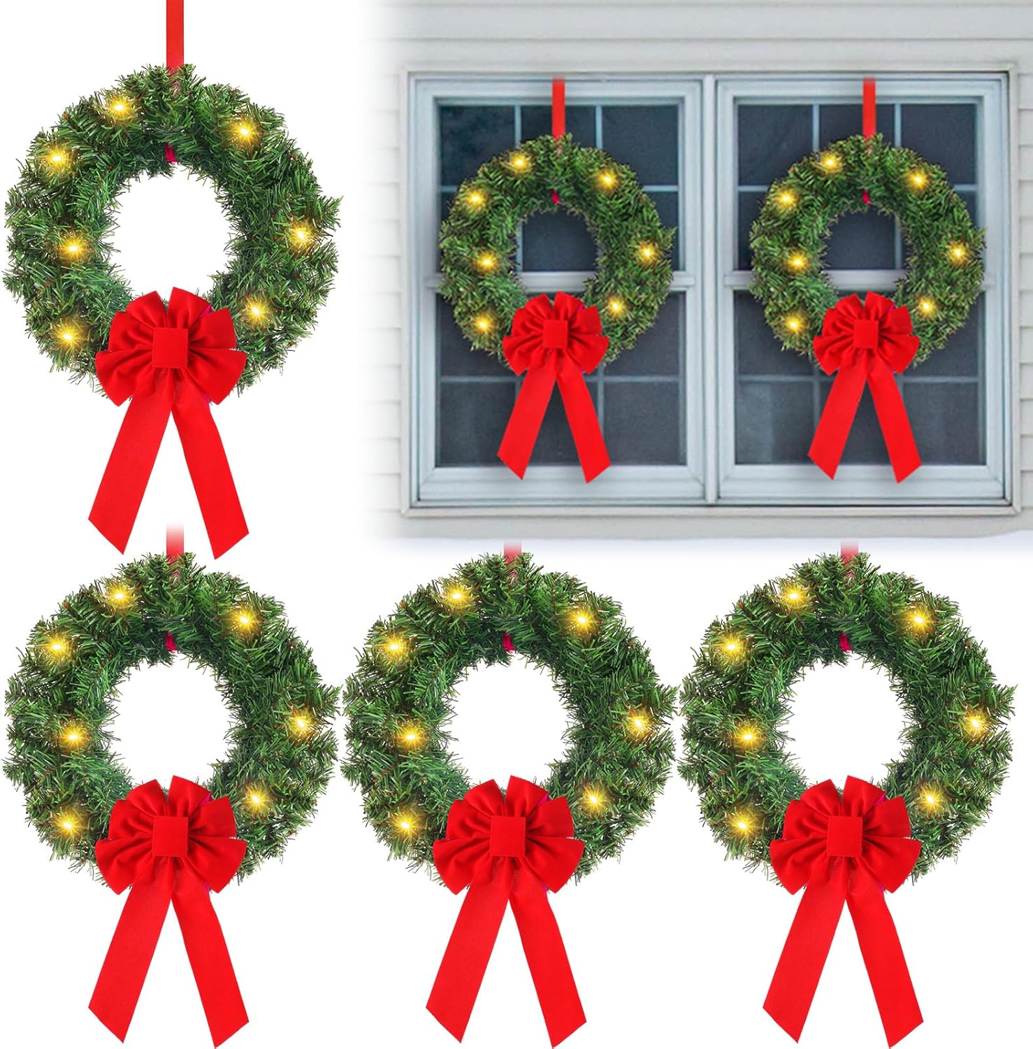 6 Pcs Pre Lit Christmas Wreath with Lights for Windows 11.8 Inch LED Christmas Front Door Wreath with Bow Greenery Artificial Hanging Garlands for Fireplaces Home Porch Wall Decor