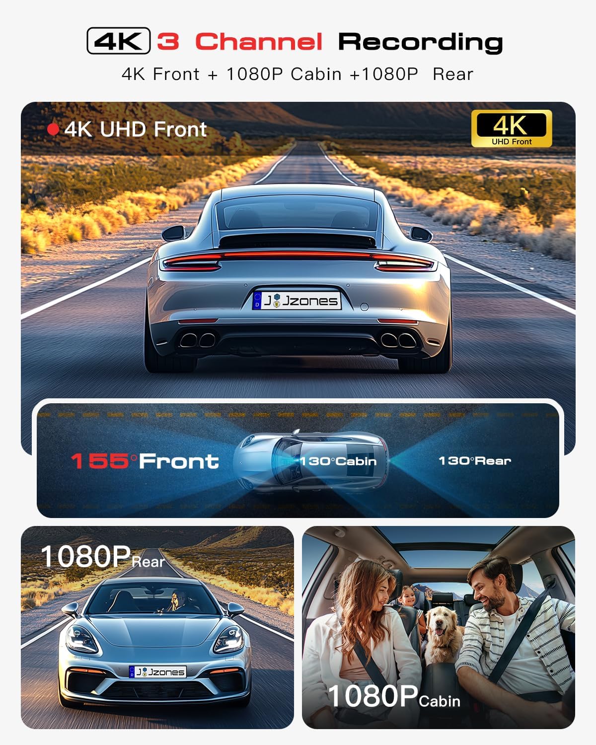 4K 3-Channel Dash Cam Front and Rear with Cabin, STARVIS 2 Sensor, Dash Camera for Cars with WiFi 6, G-Sensor, Loop Recording, Night Vision, 24H Parking Mode, 64GB Card Included - Image 2