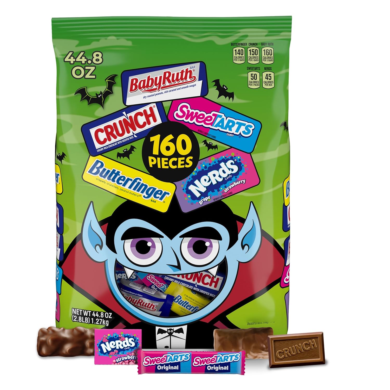 Butterfinger, CRUNCH Baby Ruth, Nerds, SweetTarts, Minis, Fun Size Assorted Candy, Bulk 160 Count Variety Pack, 44.8 oz