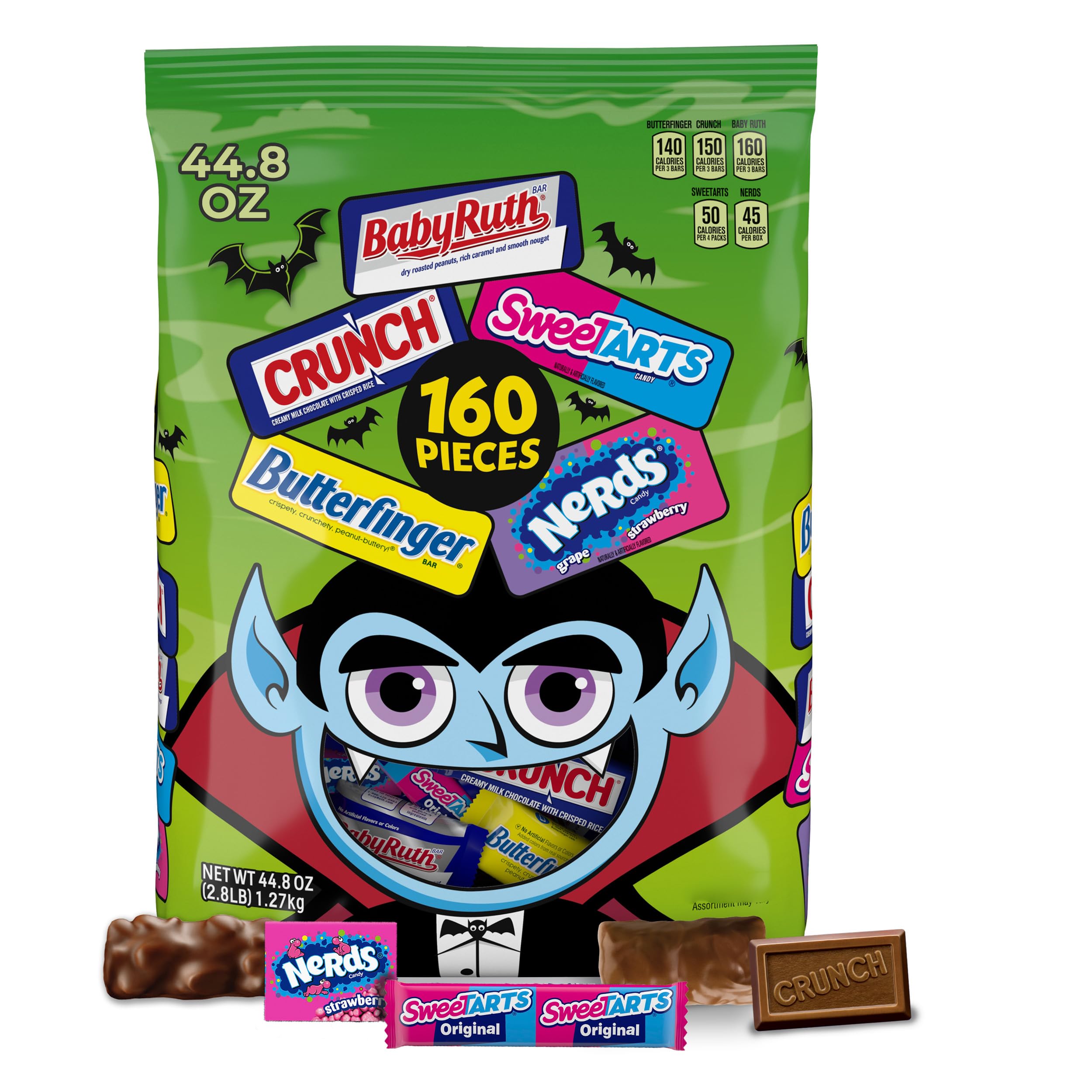 Butterfinger, CRUNCH Baby Ruth, Nerds, SweetTarts, Minis, Fun Size Assorted Candy, Bulk 160 Count Variety Pack, 44.8 oz