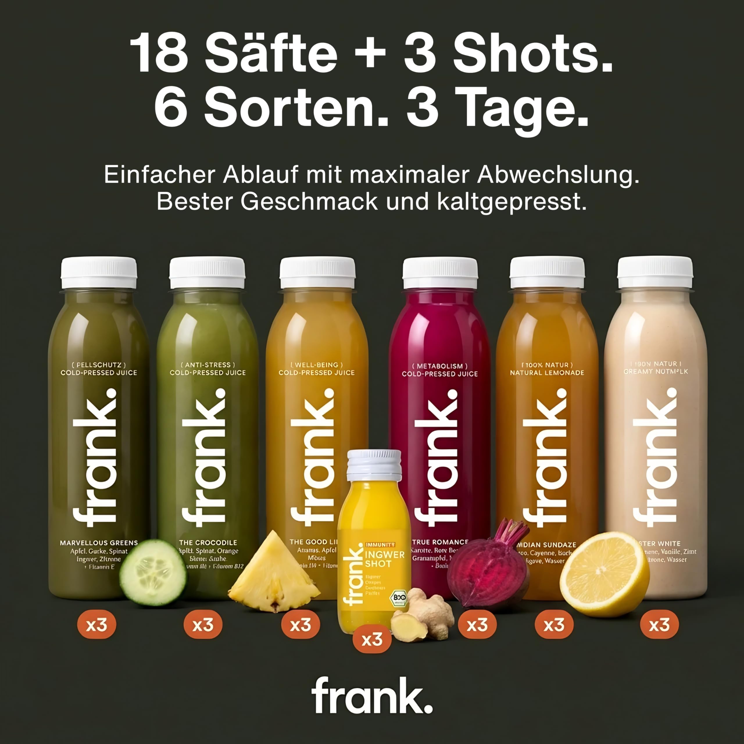 Frank Juice Saftkur 3 Tage | 18 x 330ml Säfte + 3 x 60ml Bio Ingwer shot | Direktsaft kaltgepresst Vegan | ideale Fastenkur aus frischem Obst & Gemüse | Premium Qualität (inkl. 4,50€ Einweg Pfand)