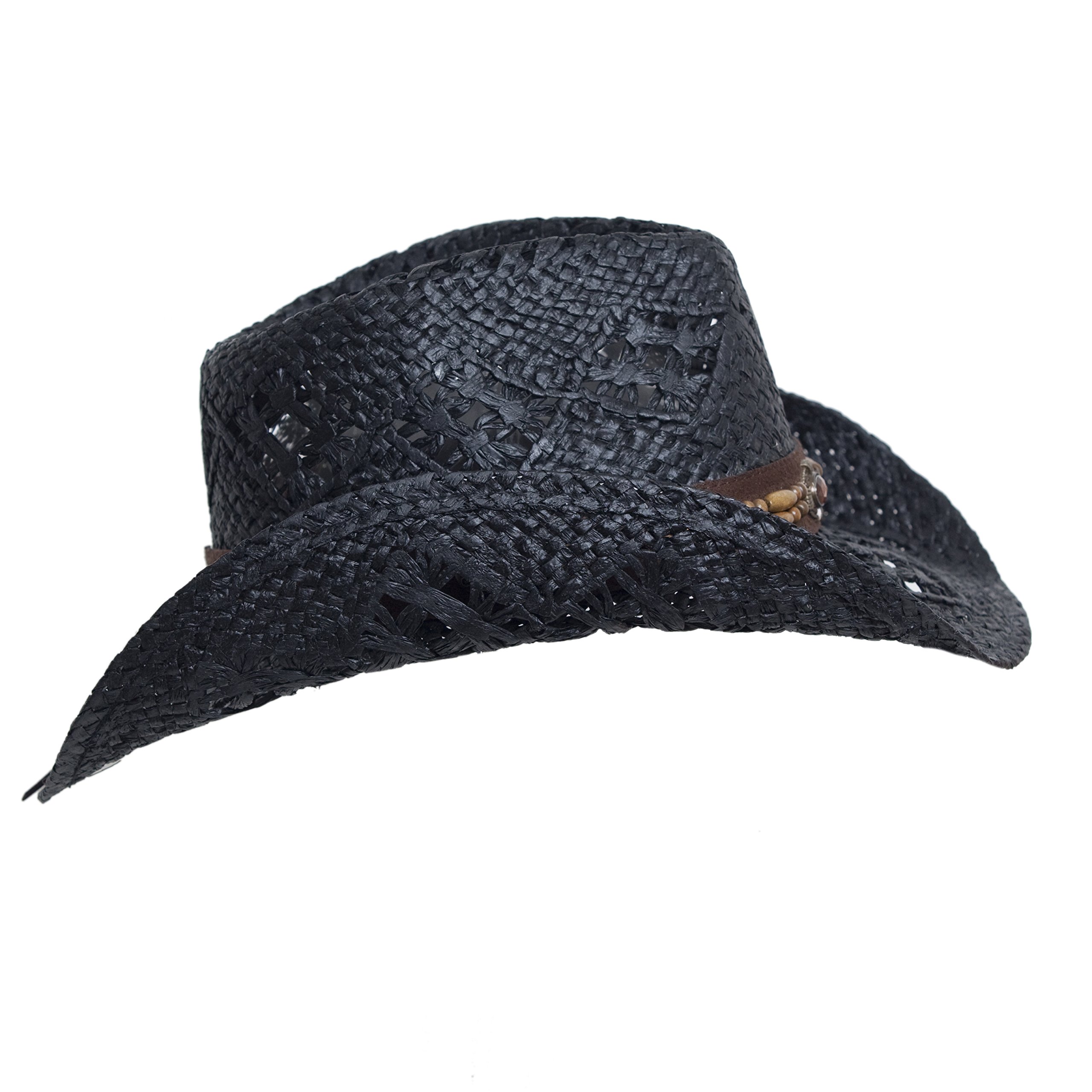 Vamuss Straw Cowboy Hat W/Vegan Leather Band & Beads, Shapeable Brim, Beach Cowgirl Buy Online