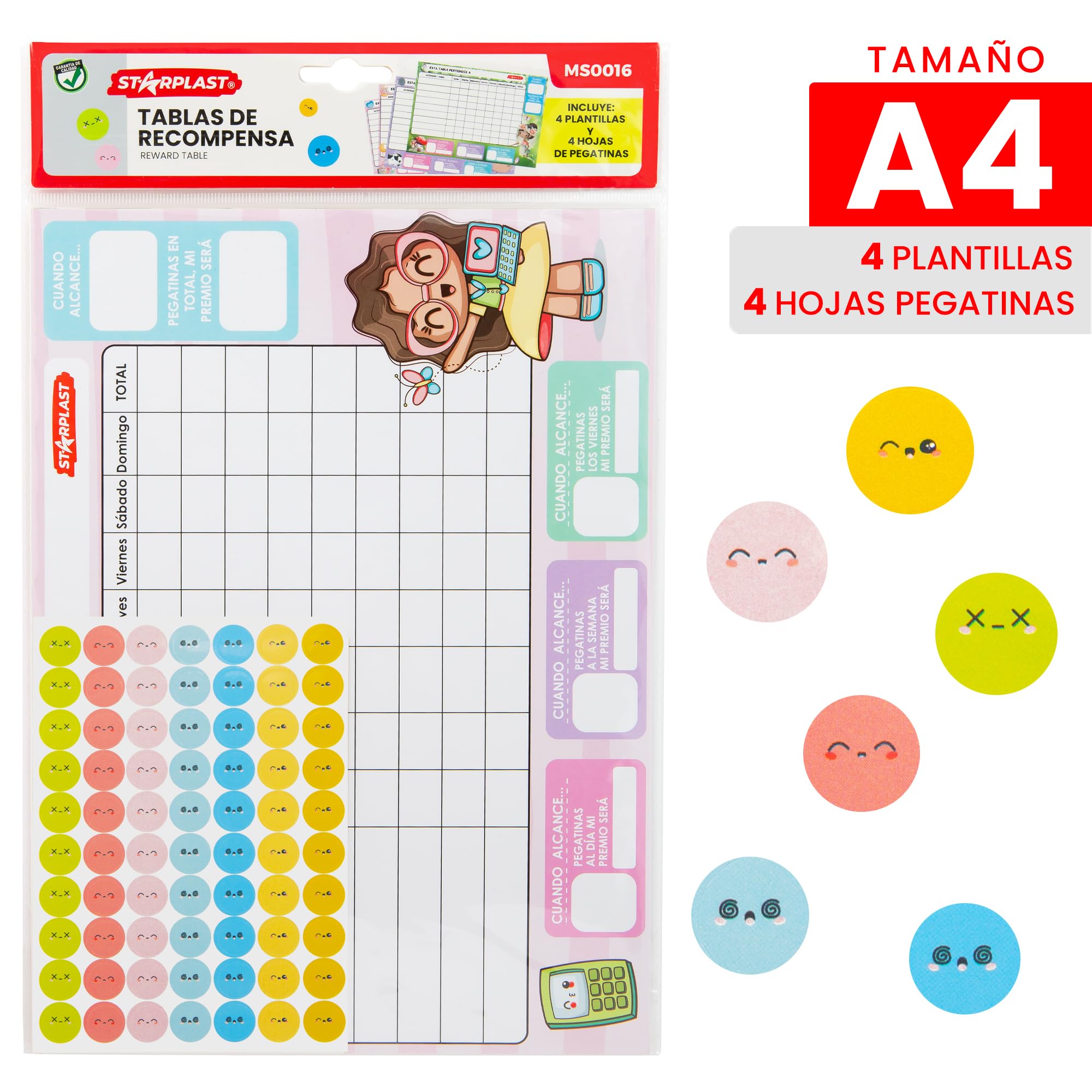 TABLAS DE RECOMPENSAS PARA NIÑOS STARPLAST - Incluye 16 láminas de pegatinas, 4 diseños diferentes de tabla recompensa y 16 hojas de tablas recompensa para usar con niños - CUTE